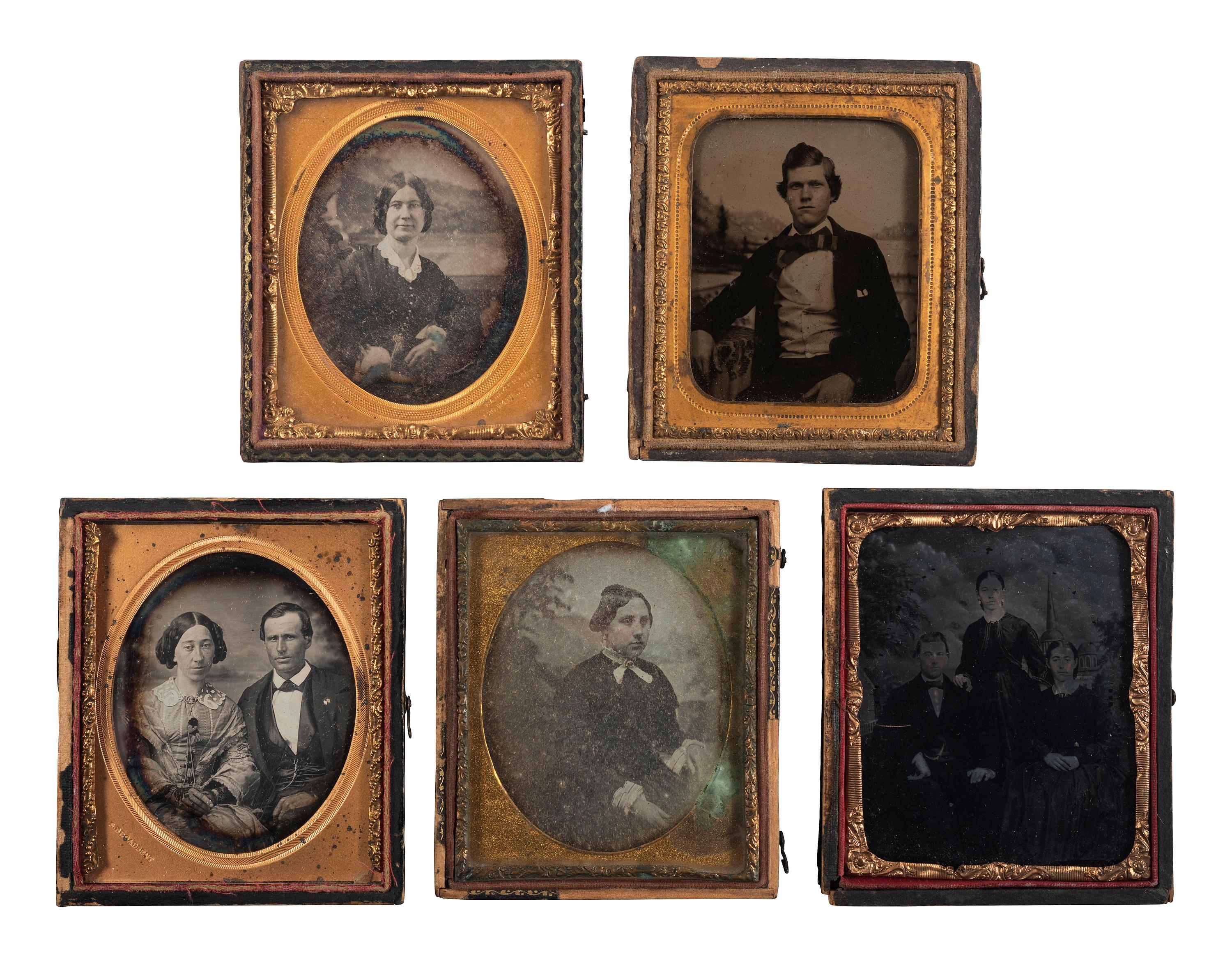 [EARLY PHOTOGRAPHY]. 10 sixth plate portraits with painted backdrops, incl. BALL & THOMAS