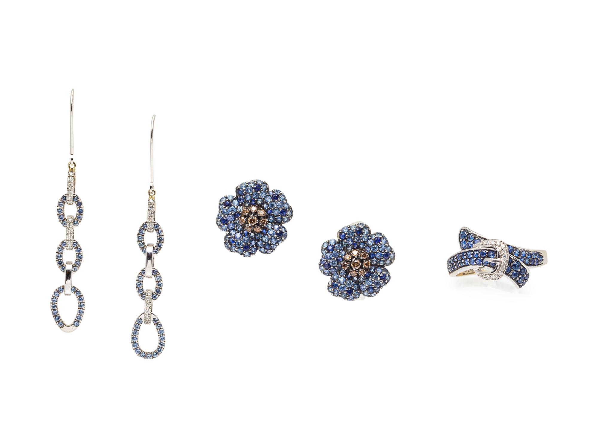 A Collection of 14 Karat White Gold, Sapphire and Diamond Jewelry,