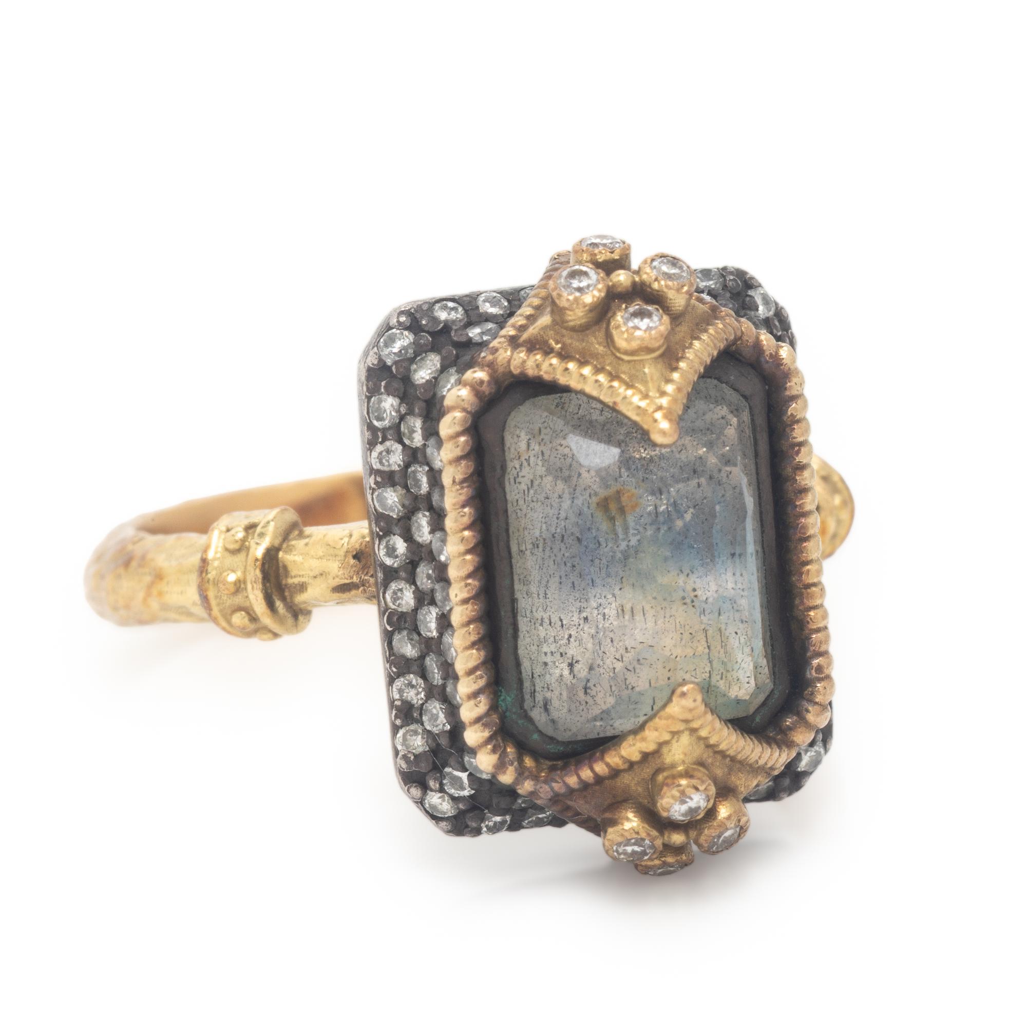 Labradorite, Diamond Ring, Silver, and Yellow Gold Ring