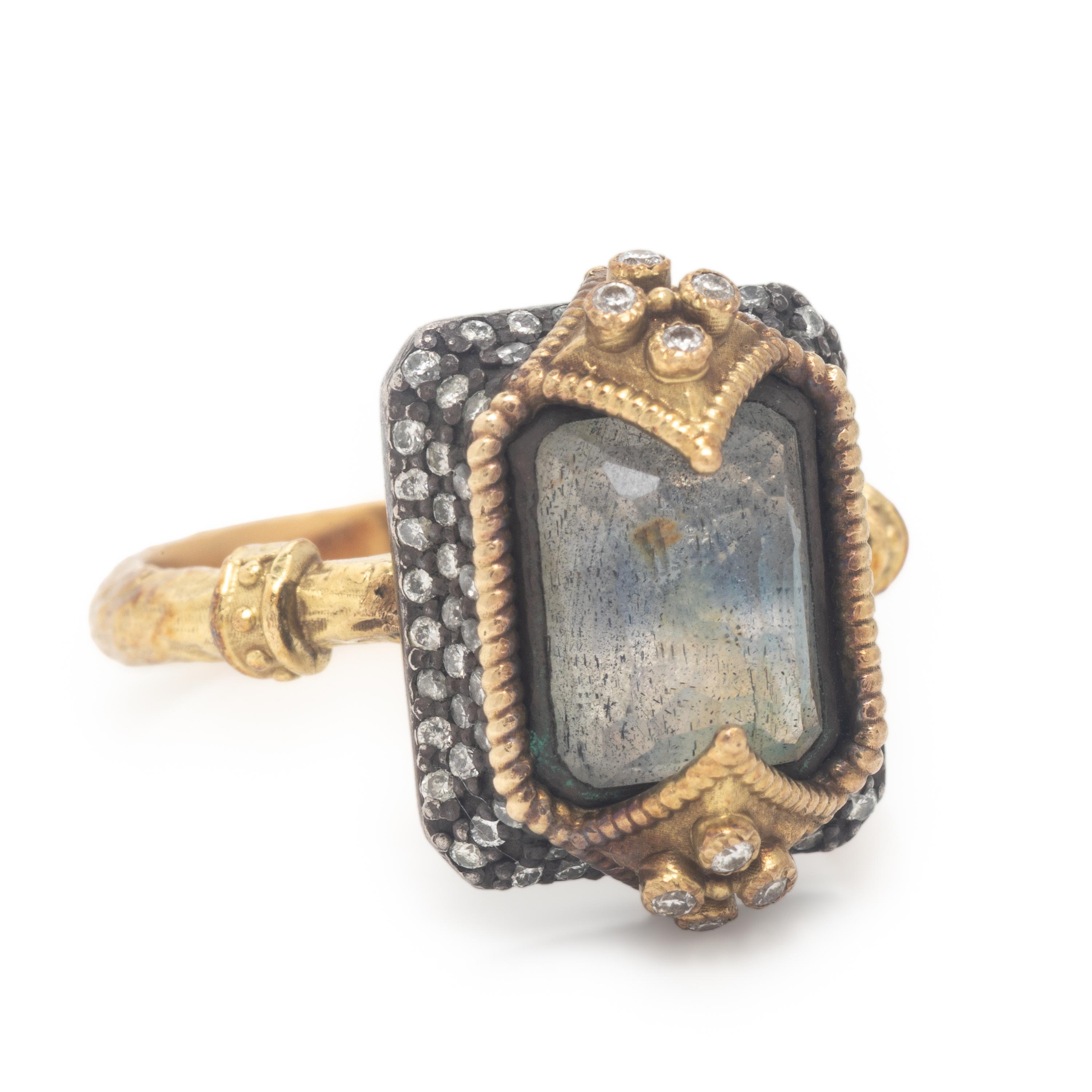 Labradorite, Diamond Ring, Silver, and Yellow Gold Ring