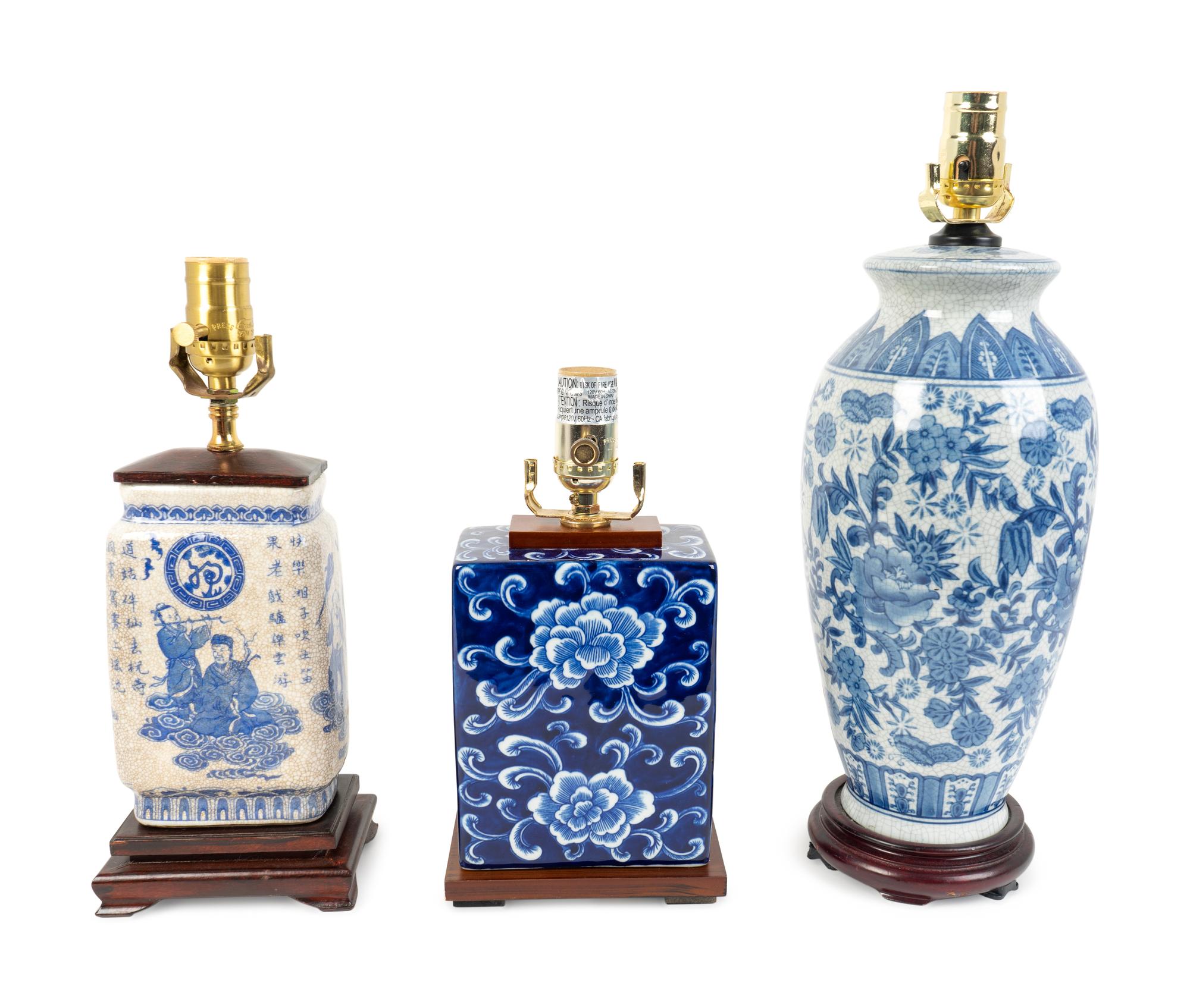 Three Chinese Blue and White Porcelain Table Lamps — 20TH CENTURY