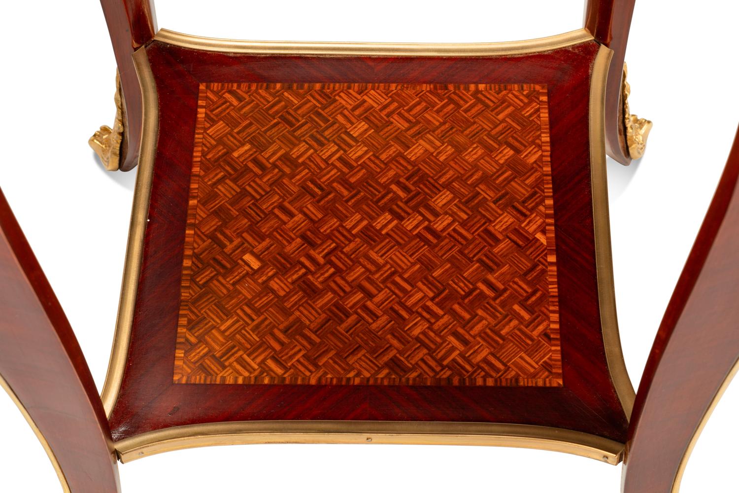 A Pair of Louis XV Style Gilt Bronze Mounted Marquetry Marble-Top Side Tables