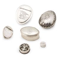 Group of six silver and cowrie shell-mounted snuff and patch boxes American and Continental makers, 18th/19th century