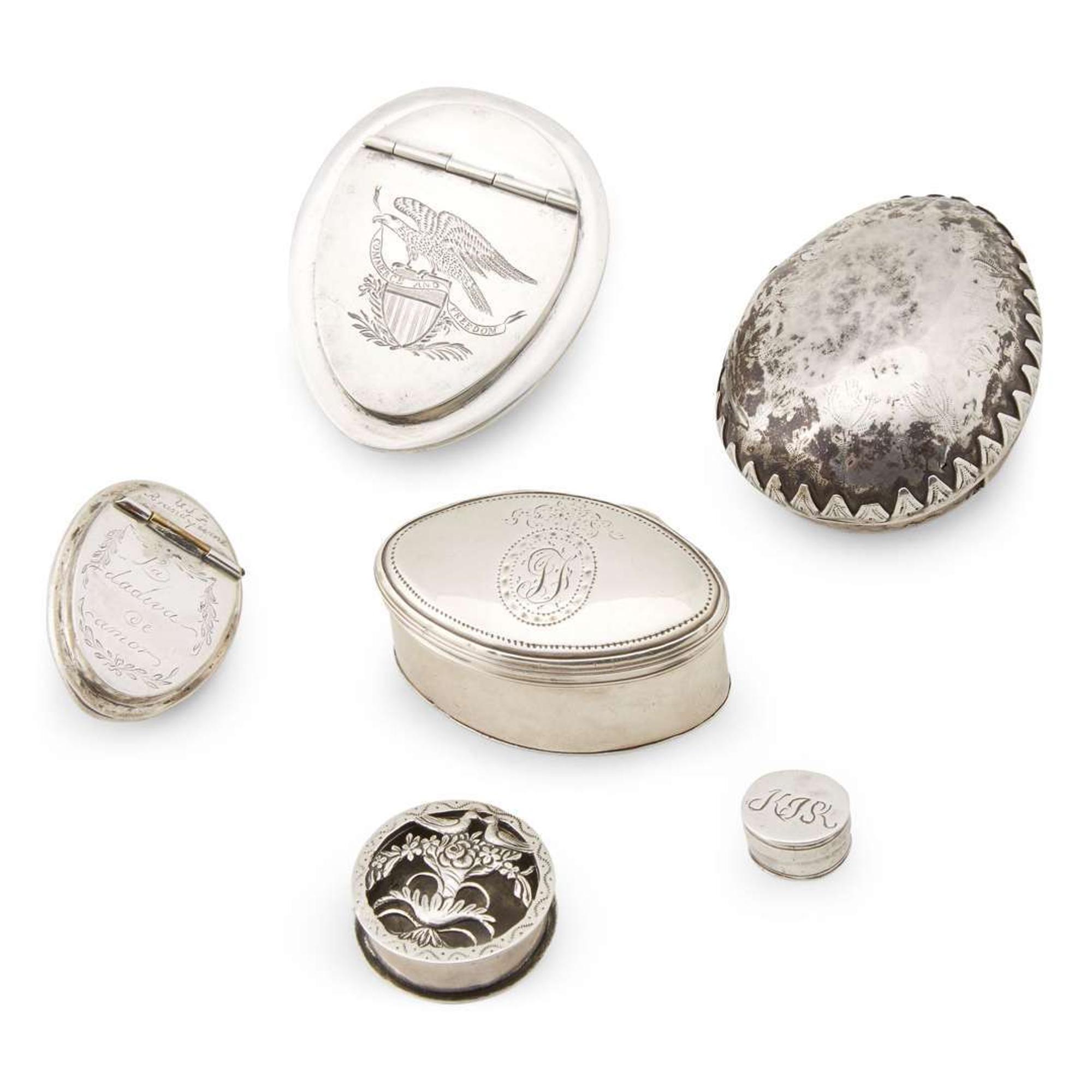 Group of six silver and cowrie shell-mounted snuff and patch boxes American and Continental makers, 18th/19th century