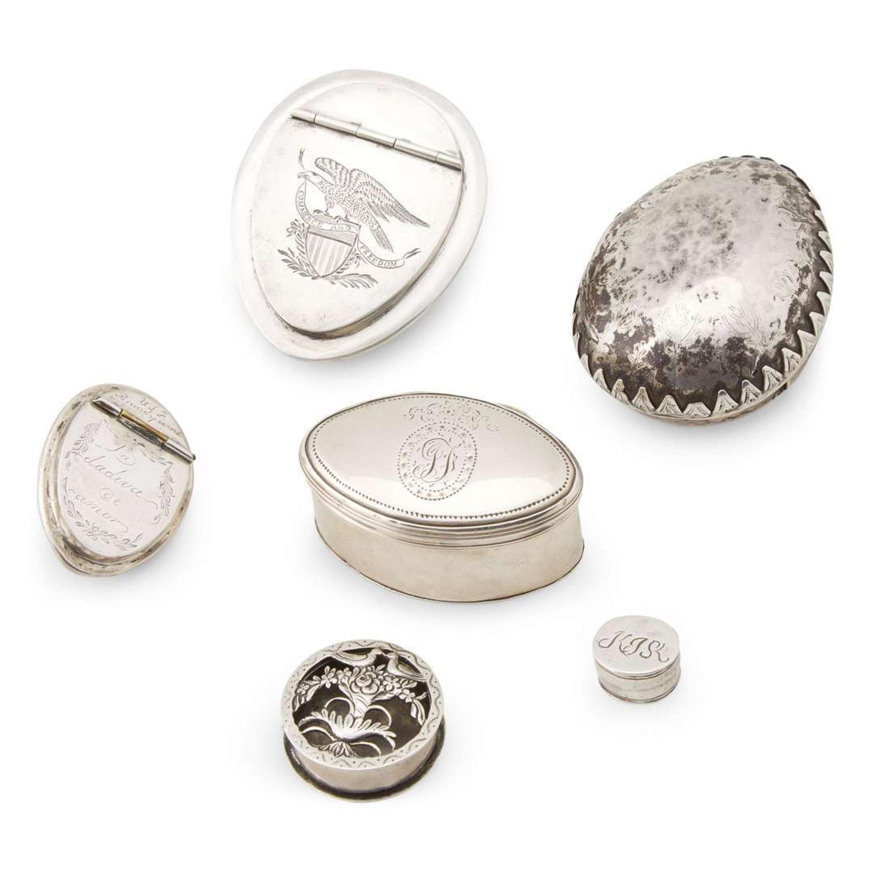 Group of six silver and cowrie shell-mounted snuff and patch boxes American and Continental makers, 18th/19th century