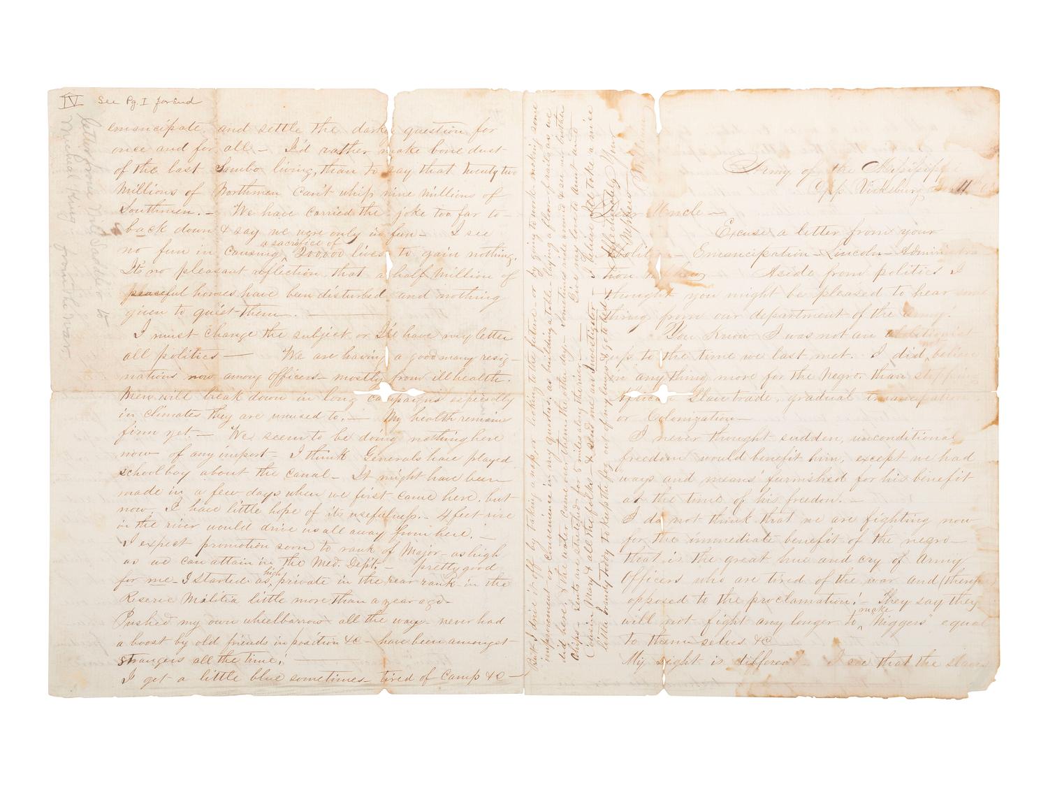 [CIVIL WAR] -- [SLAVERY & ABOLITION]. A detailed letter from Civil War surgeon William K. Sadler (1833-1864), 19th Kentucky Infantry Regiment, describing his sentiments on the Emancipation Proclamation and the abolition of slavery.