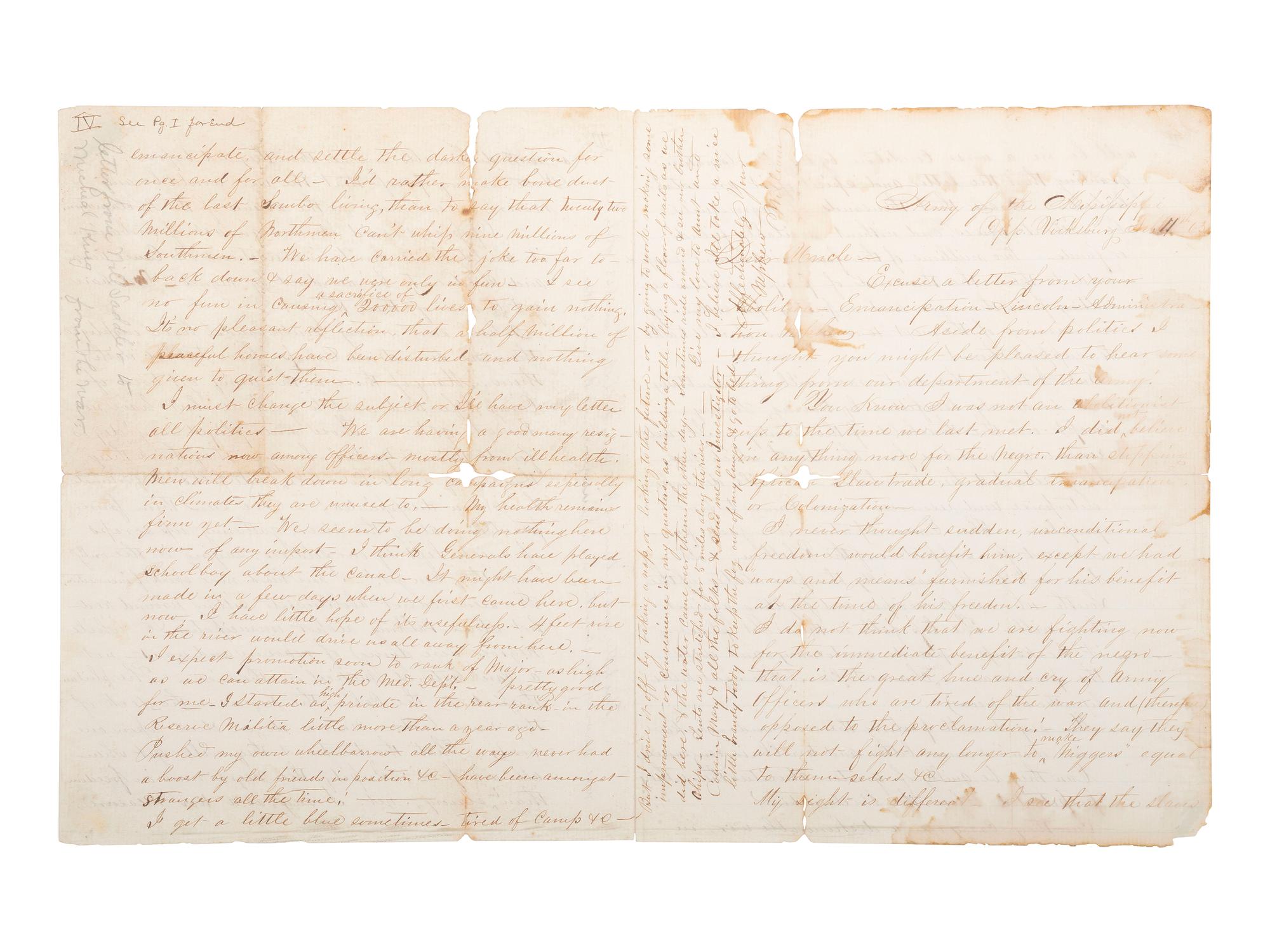[CIVIL WAR] -- [SLAVERY & ABOLITION]. A detailed letter from Civil War surgeon William K. Sadler (1833-1864), 19th Kentucky Infantry Regiment, describing his sentiments on the Emancipation Proclamation and the abolition of slavery.