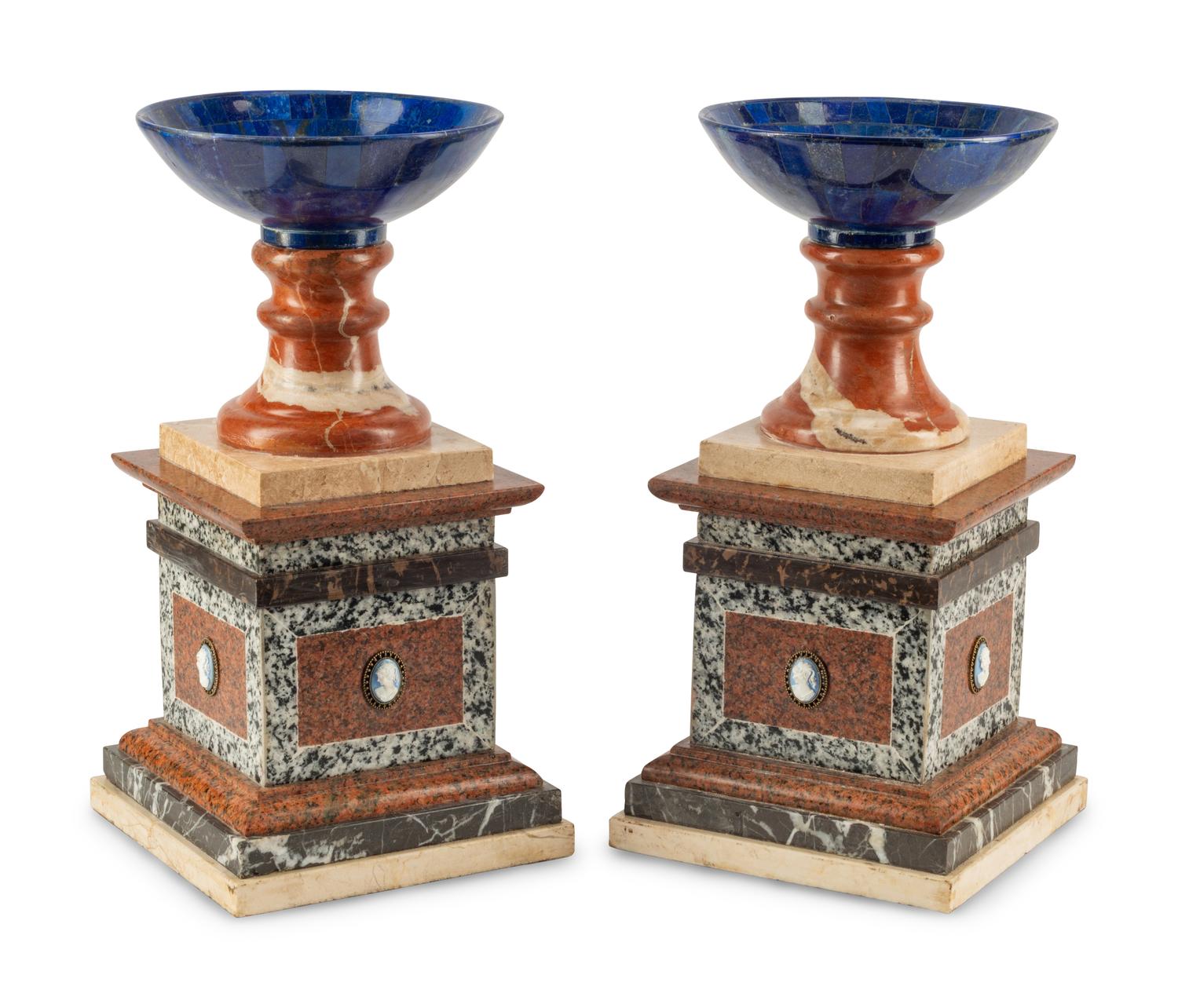 A Pair of Grand Tour Style Vari-Color Marble and Lapis Lazuli Table Ornaments