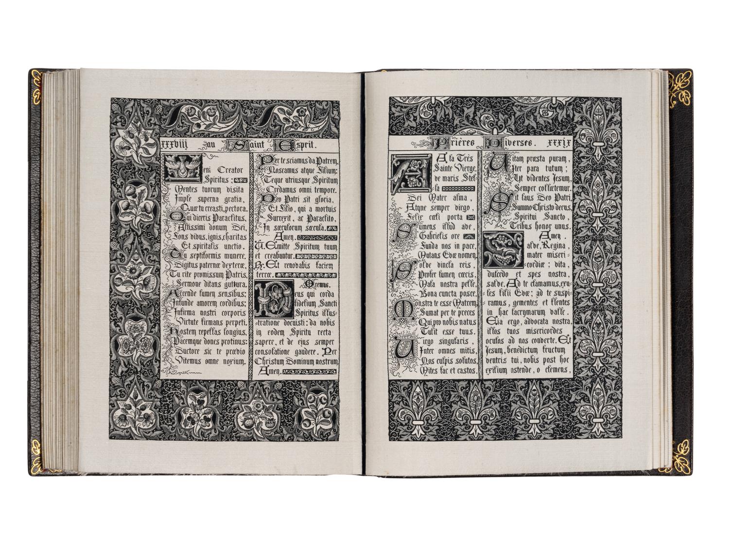 WOVEN PRAYERBOOK FROM THE WORLD’S FAIR IN PARIS R.P.J. Hervier, designer, J. A. Henry, fabricator, A. Roux, editor Livre de Prières tissé d’après les enluminures des manuscrits du XIVe au XVIe siècle [Book of Prayers woven after illuminations in manuscripts of the fourteenth and fifteenth century], in Latin and French, illustrated book woven in silk [Lyons, dated 8 September 1887]
