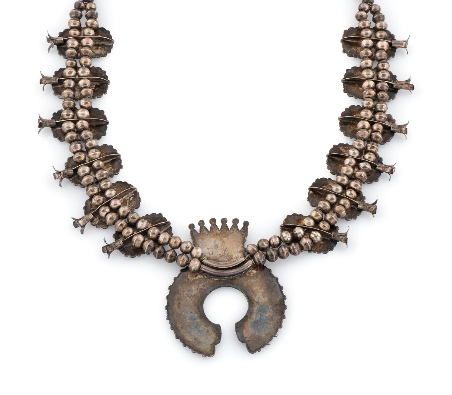 Zuni Silver and Petit Point Turquoise Cluster Squash Blossom Necklace