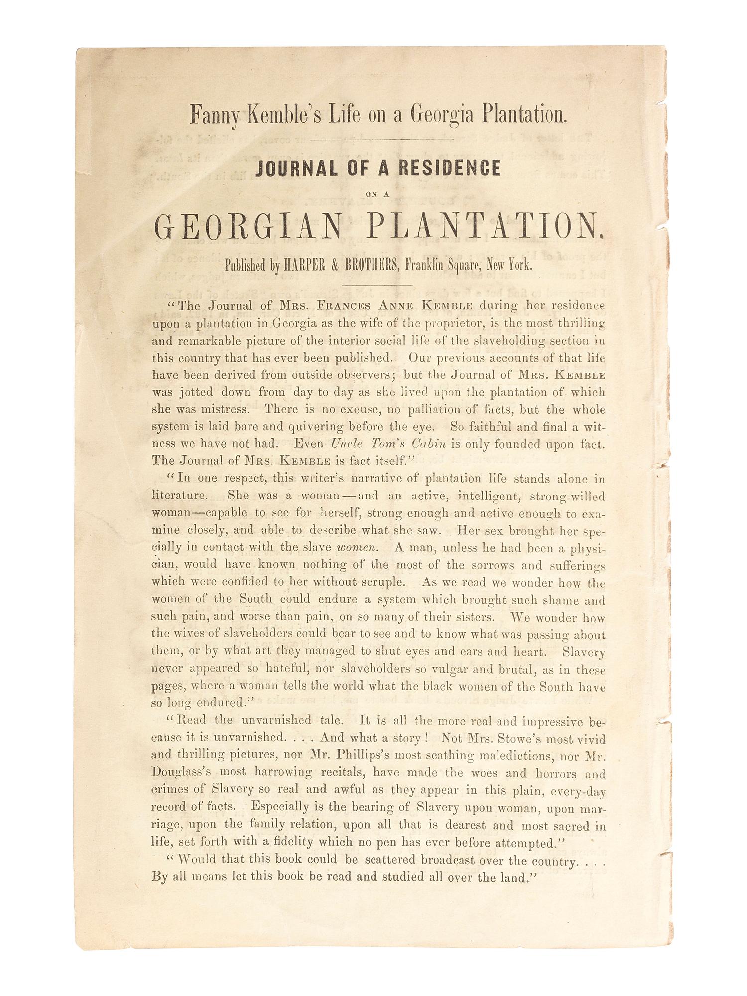 [SLAVERY & ABOLITION]. KEMBLE, Frances Anne (1809-1893).