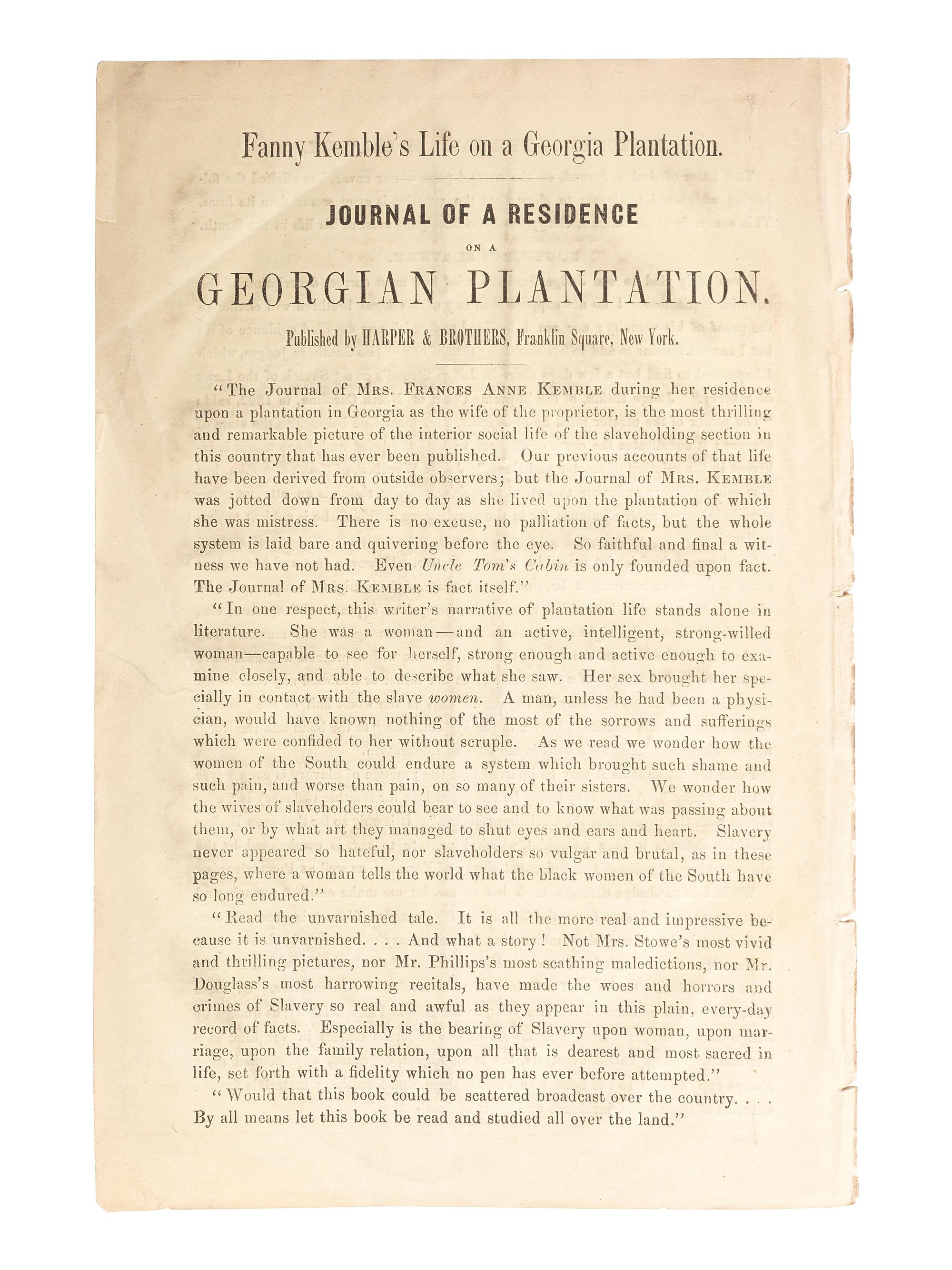 [SLAVERY & ABOLITION]. KEMBLE, Frances Anne (1809-1893).
