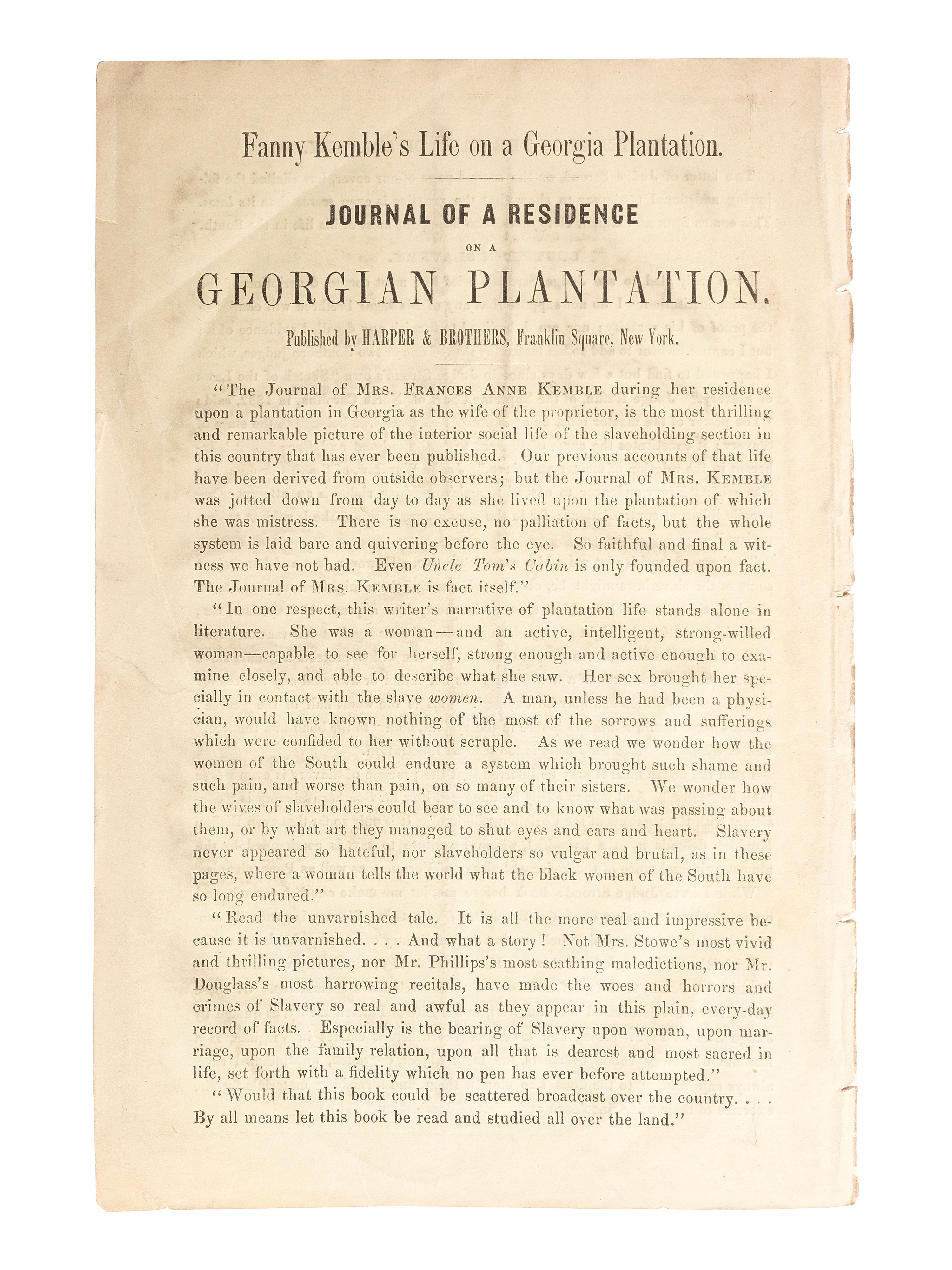 [SLAVERY & ABOLITION]. KEMBLE, Frances Anne (1809-1893).