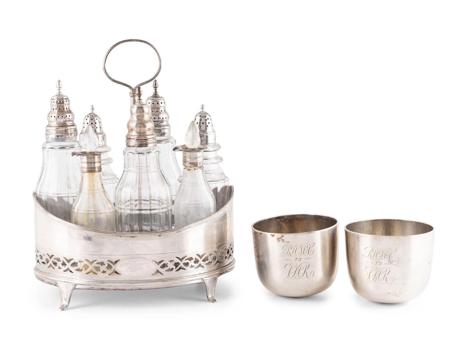 A George III Silver Cruet Set and Pair of Wine Cups