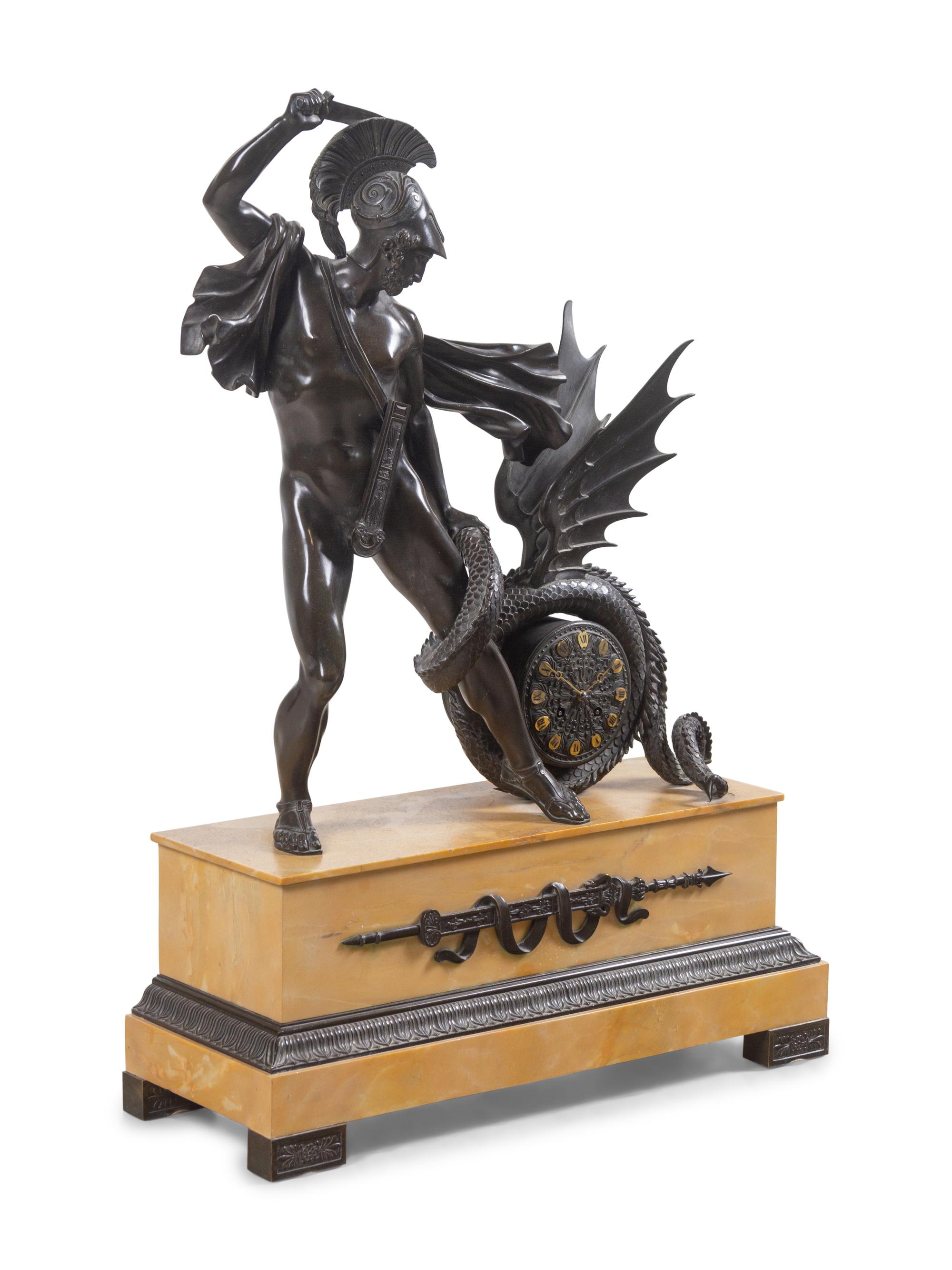 An Empire Bronze Mounted Sienna Marble Figural Mantel Clock
