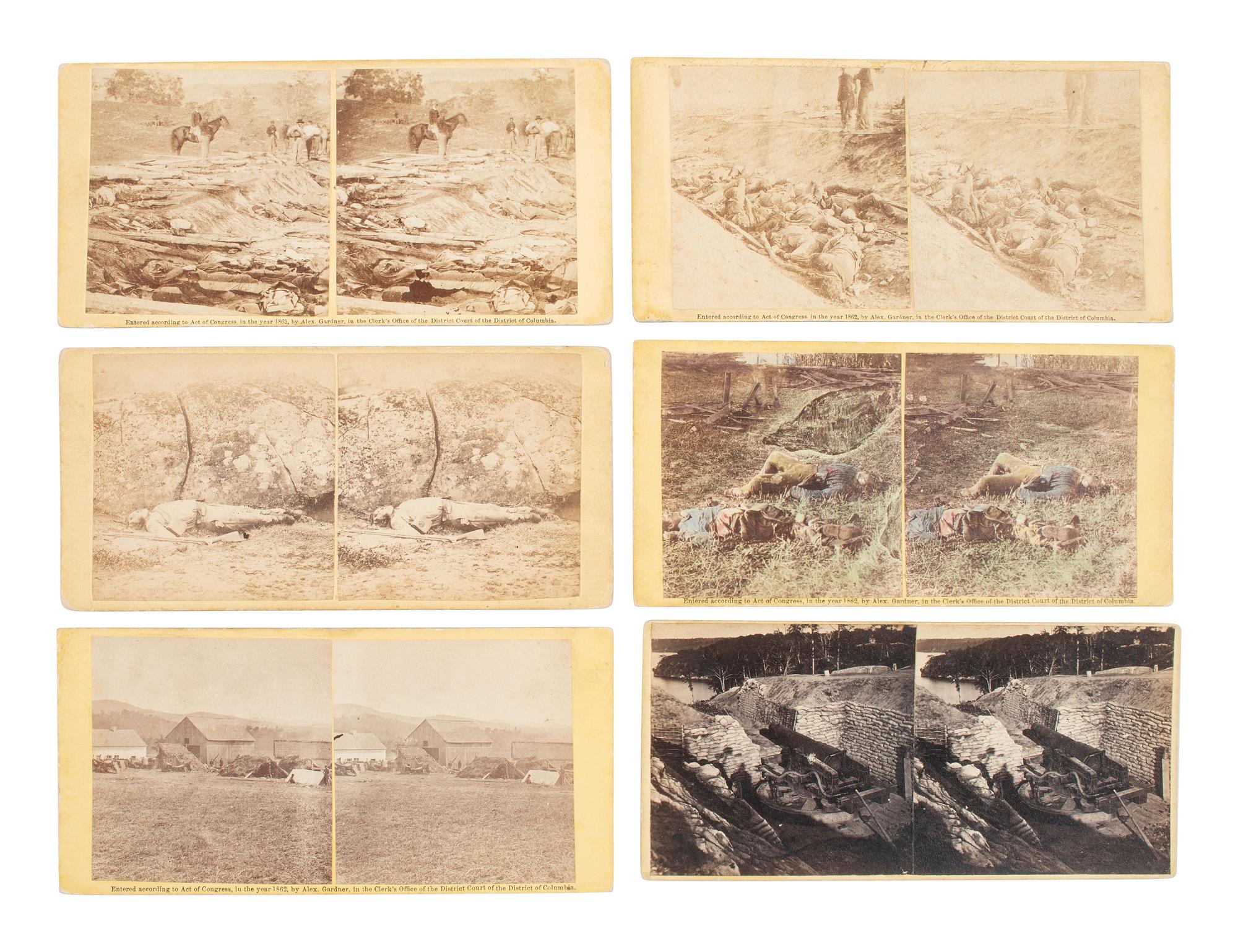 [CIVIL WAR]. A group of 12 stereoviews showing battlefield carnage incl. deceased soldiers at Antietam and Gettysburg, many by GARDNER.