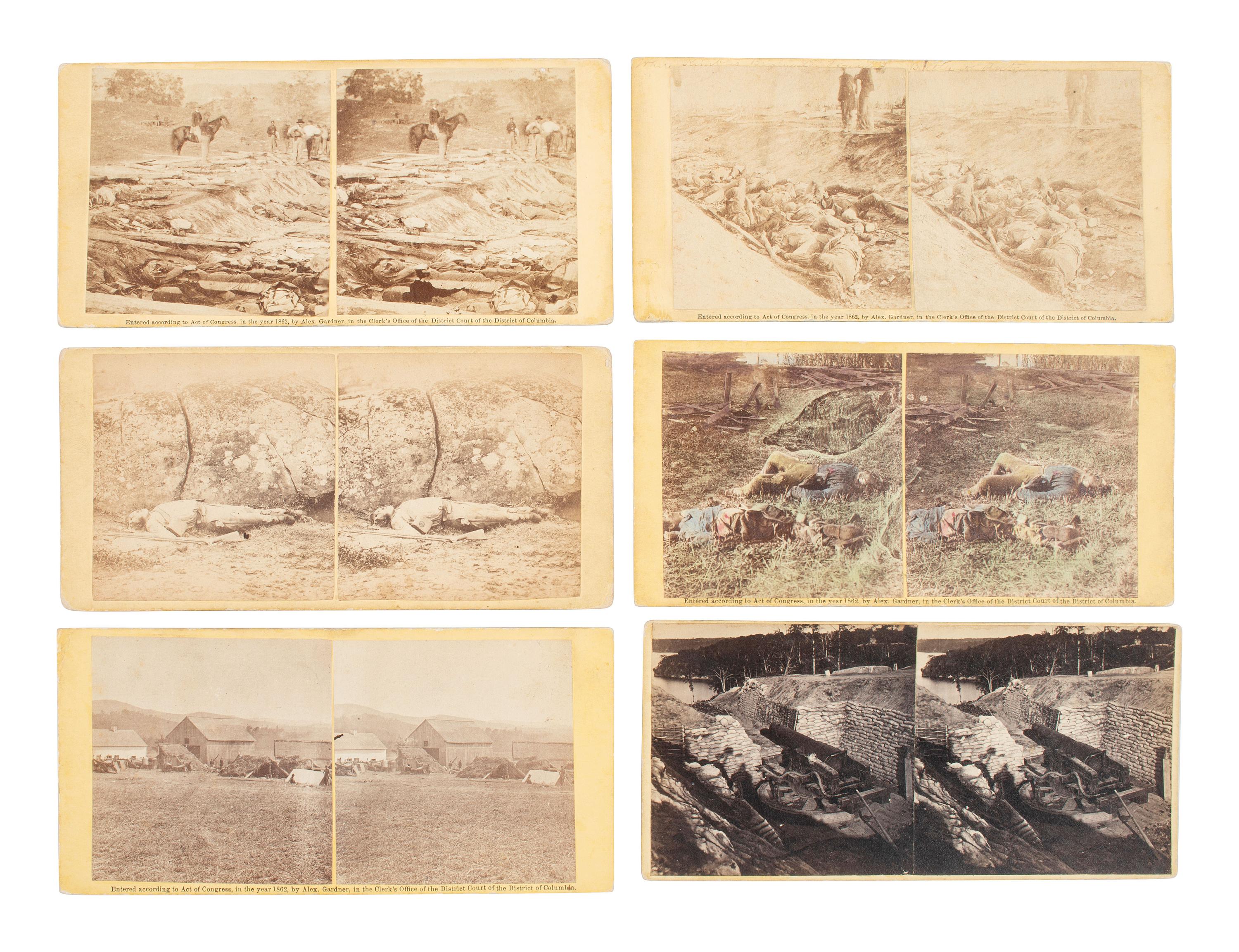 [CIVIL WAR]. A group of 12 stereoviews showing battlefield carnage incl. deceased soldiers at Antietam and Gettysburg, many by GARDNER.