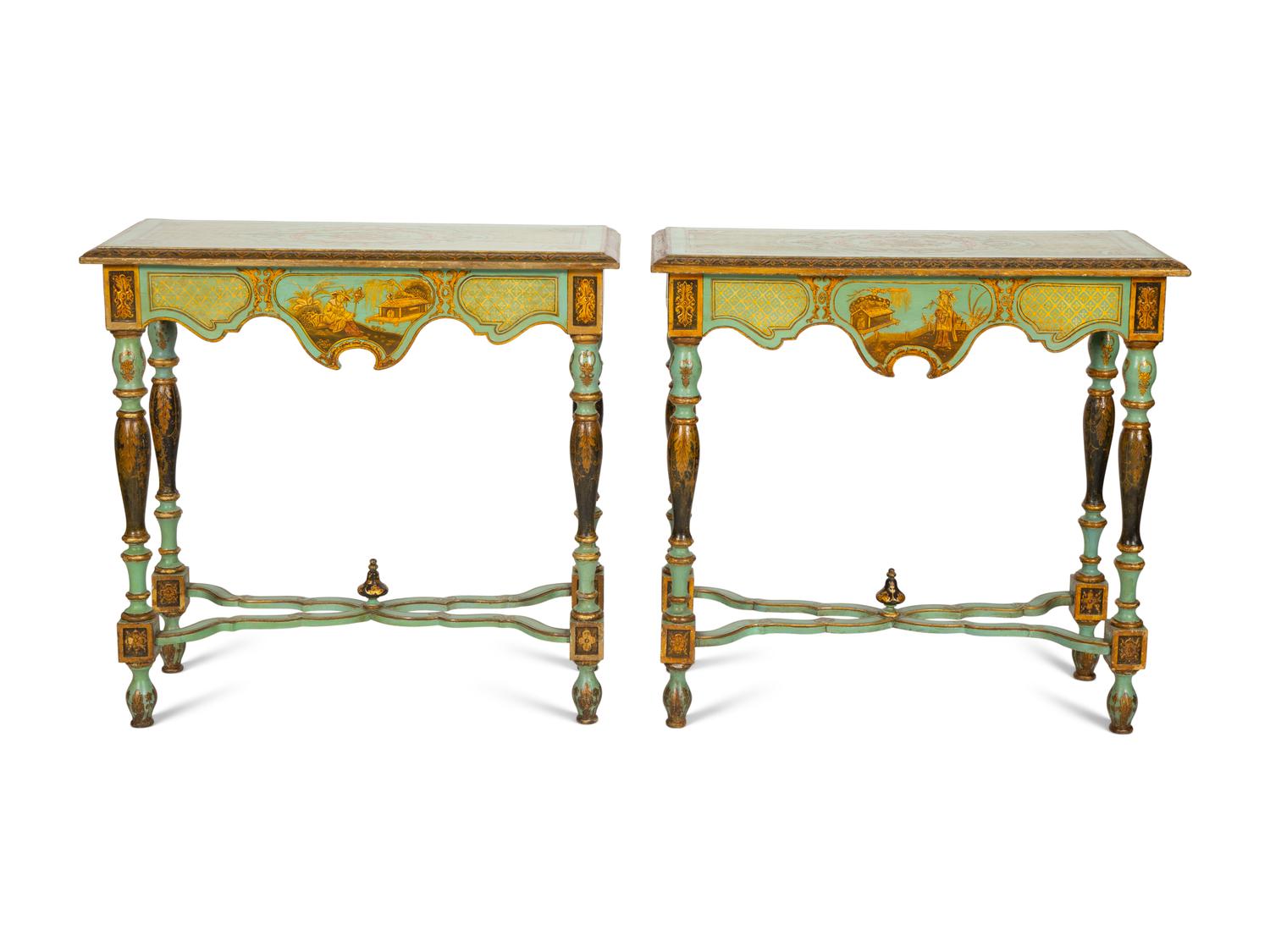 A Pair of Chinoiserie-Decorated Painted Pier Tables