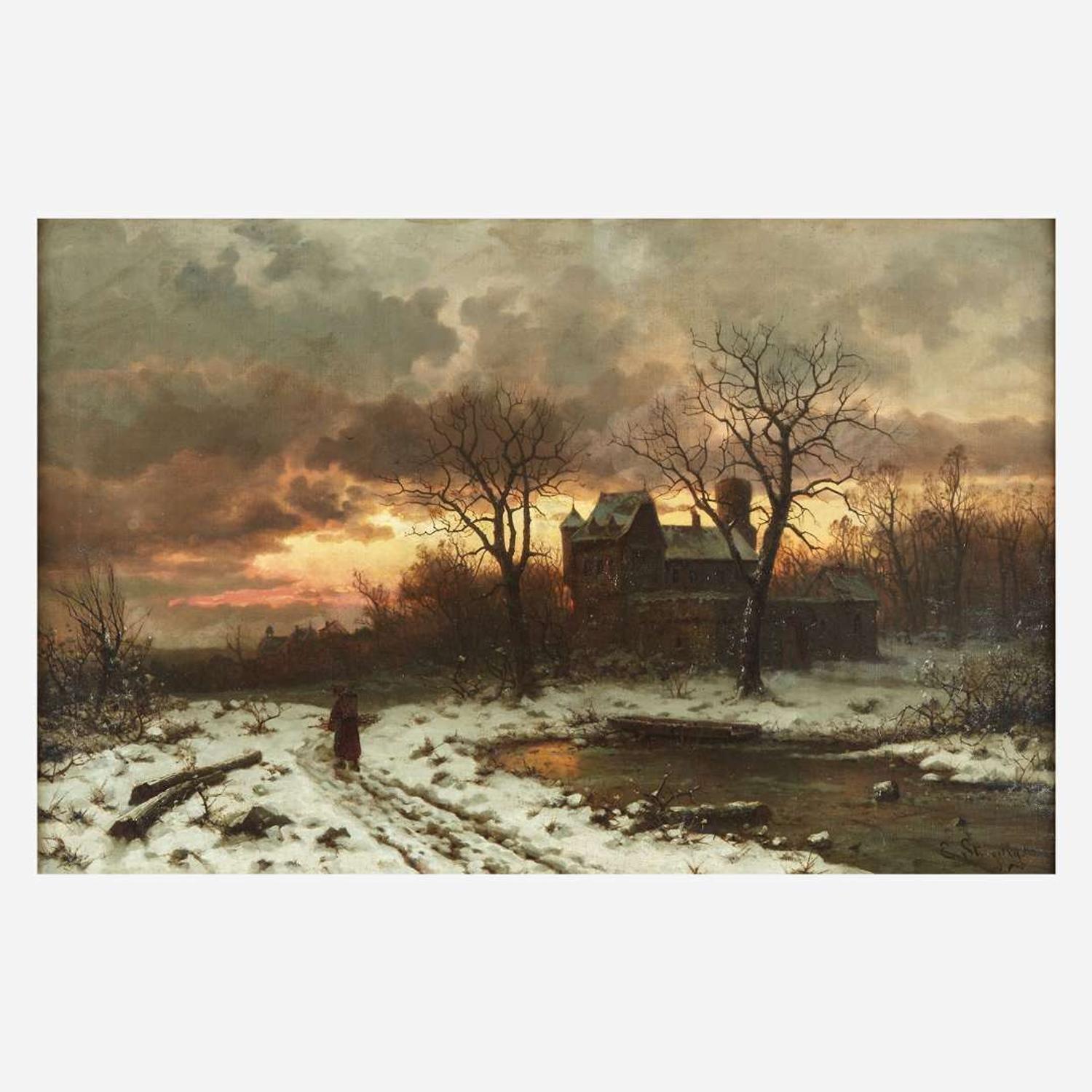 Ernesto Strigelly (German, 19th Century) Winter Twilight in the Rhine Valley