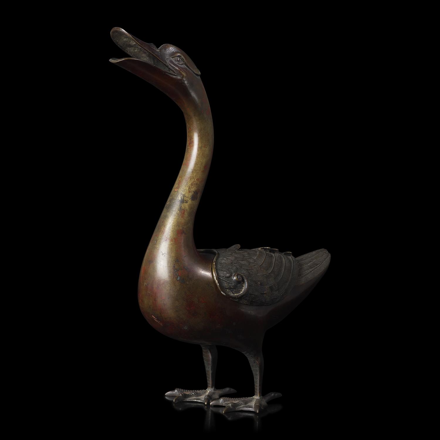 A Patinated Bronze Archaistic "Goose" Covered Censer, 18th/19th Century or Earlier 清中期或更早 仿古銅鳧香薰