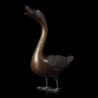 A Patinated Bronze Archaistic "Goose" Covered Censer, 18th/19th Century or Earlier 清中期或更早 仿古銅鳧香薰