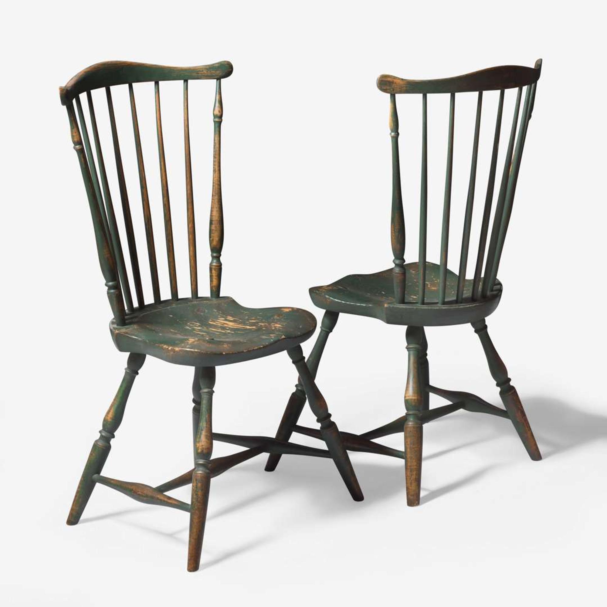 A pair of green-painted fan-back Windsor side chairs; late18th century
