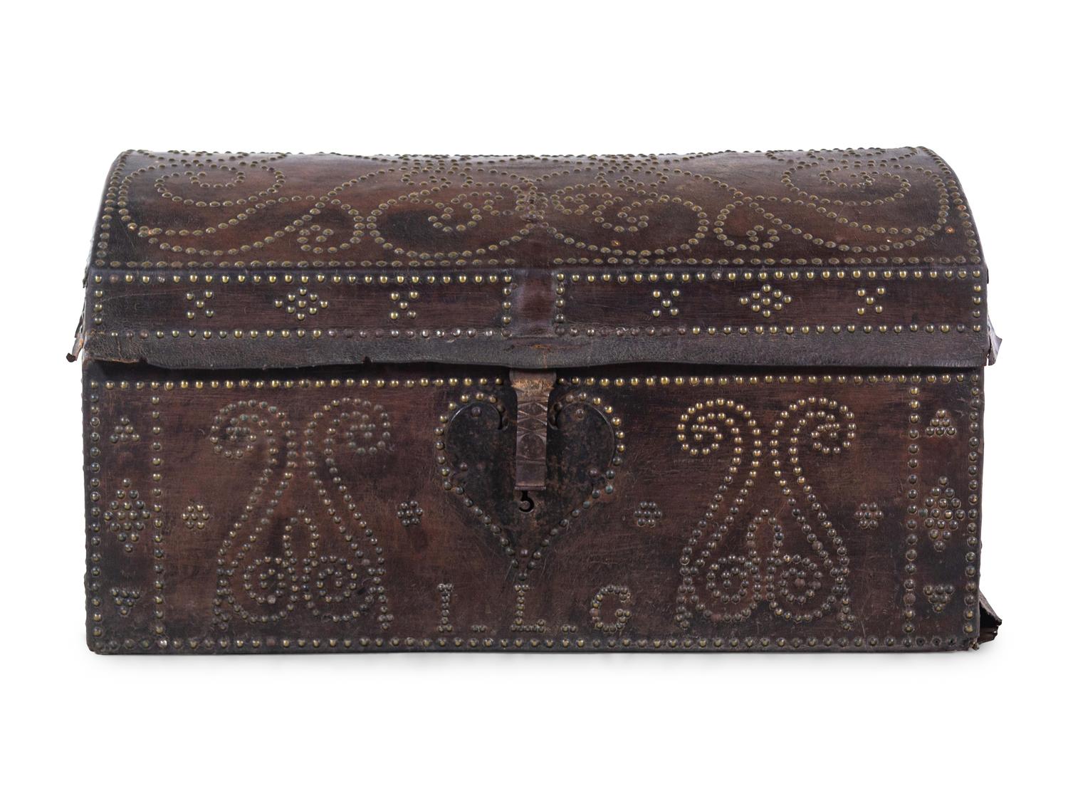 A Continental Nailhead Embossed Leather Trunk