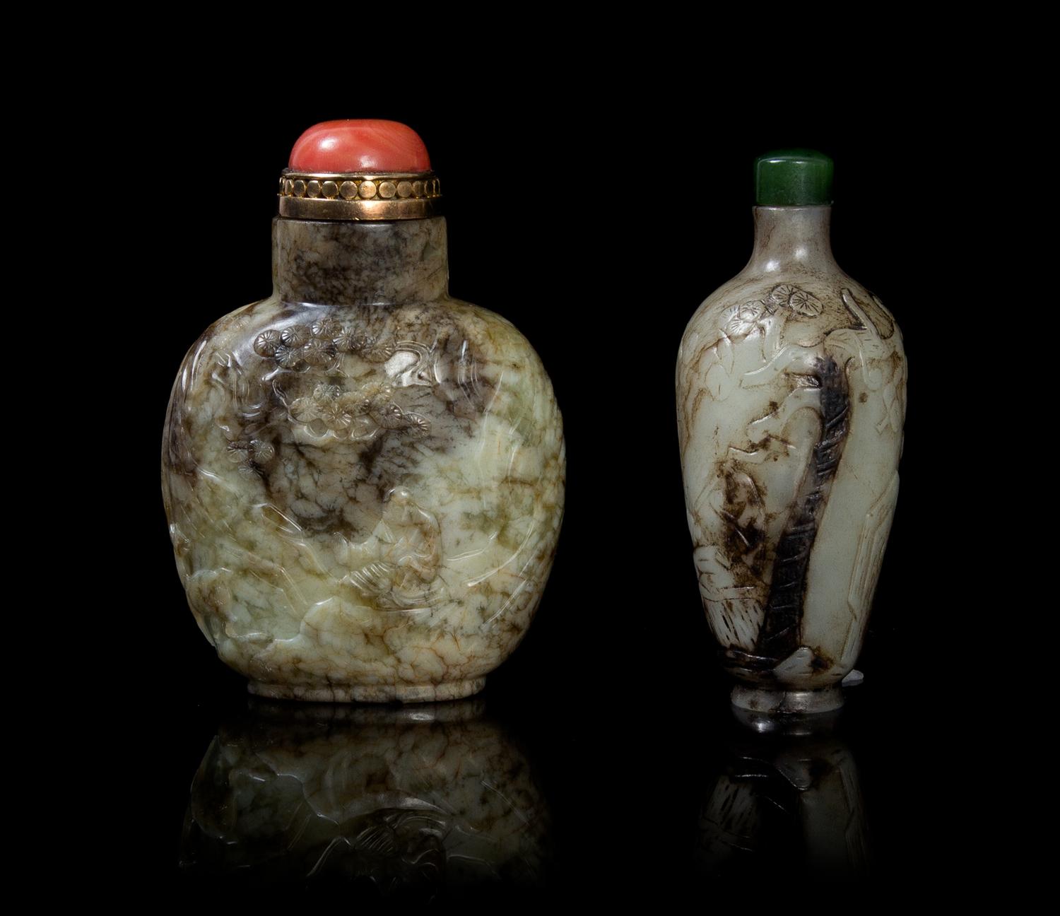 Two Carved Chicken Bone Jade Snuff Bottles POSSIBLY 18TH/19TH CENTURY Height of taller 3 1/4 inches. — POSSIBLY 18TH/19TH CENTURY