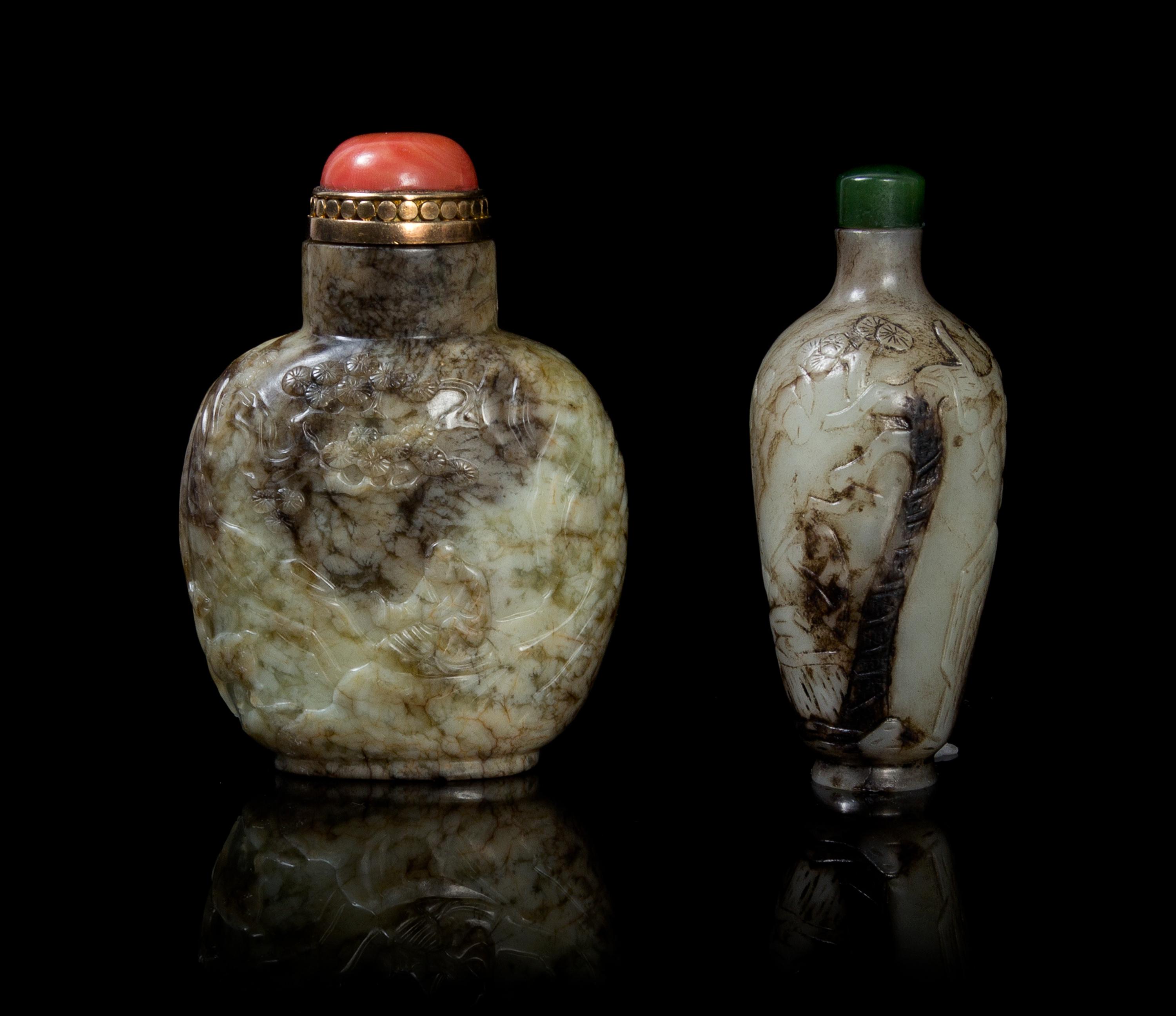 Two Carved Chicken Bone Jade Snuff Bottles POSSIBLY 18TH/19TH CENTURY Height of taller 3 1/4 inches. — POSSIBLY 18TH/19TH CENTURY