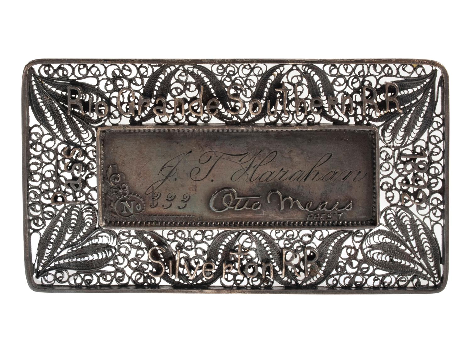 [WESTERN AMERICANA] -- [TRANSPORTATION]. Silverton Railroad silver filigree pass. Santa Fe, NM: S. Spitz, 1892.