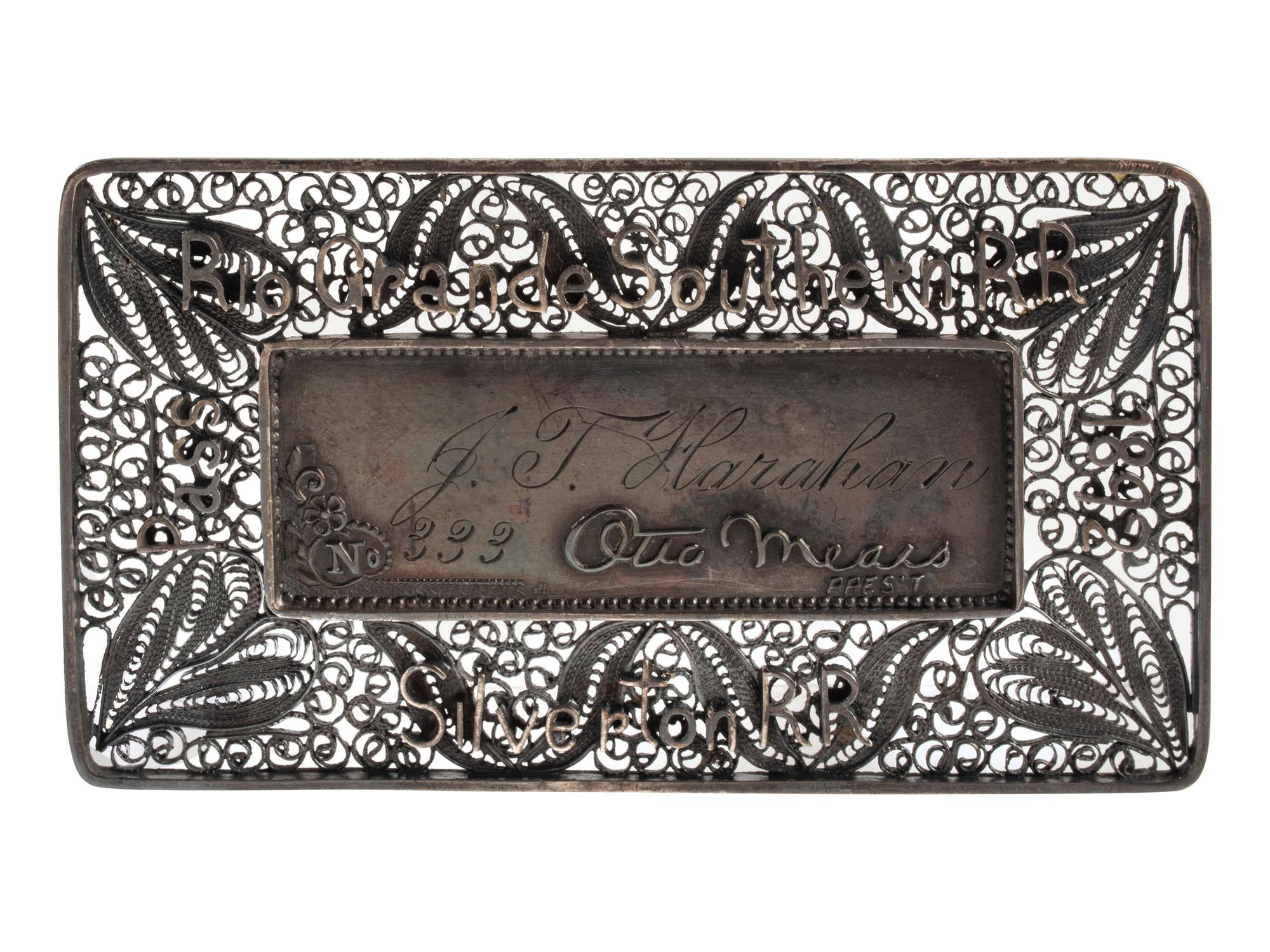 [WESTERN AMERICANA] -- [TRANSPORTATION]. Silverton Railroad silver filigree pass. Santa Fe, NM: S. Spitz, 1892.