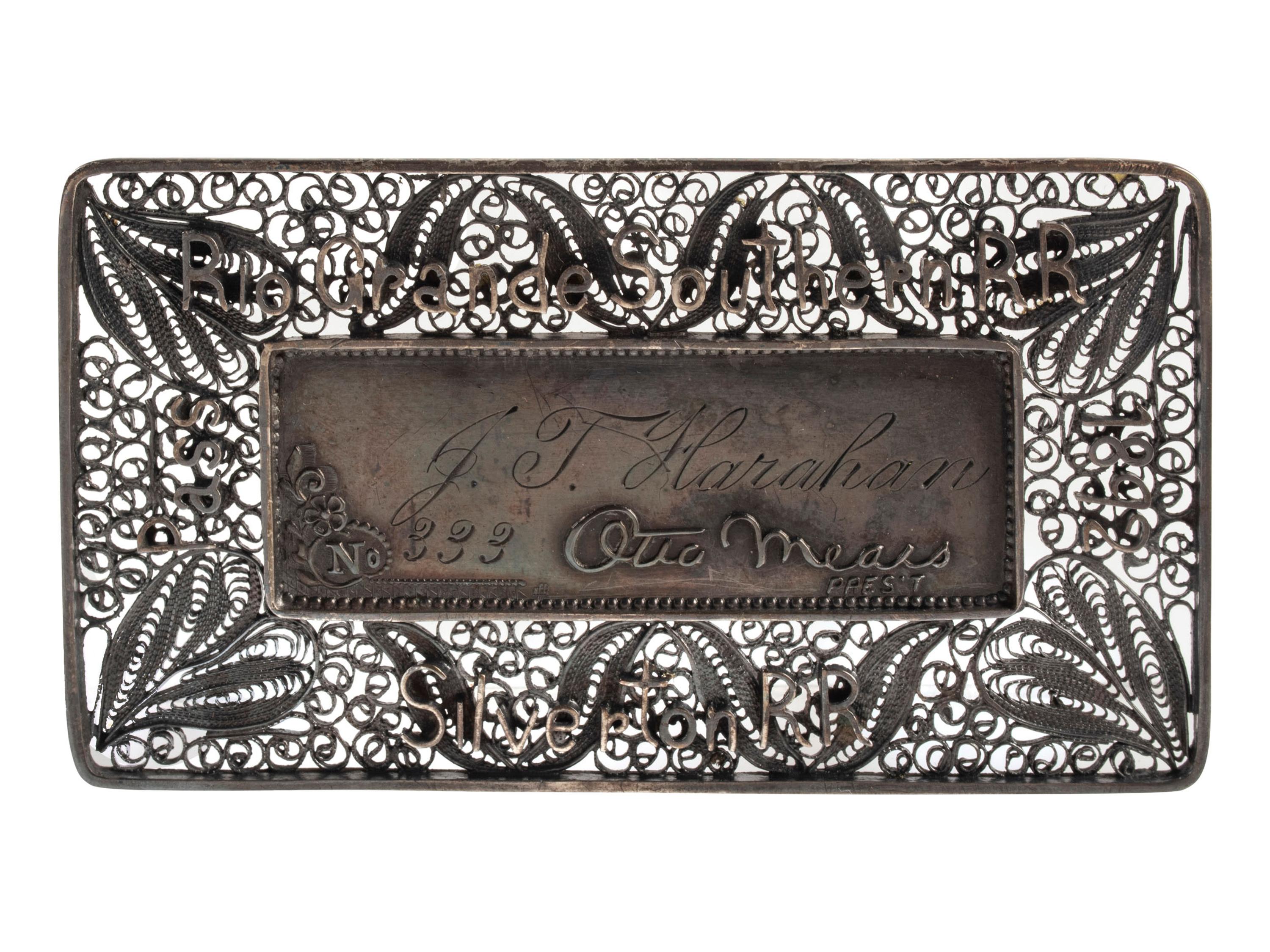 [WESTERN AMERICANA] -- [TRANSPORTATION]. Silverton Railroad silver filigree pass. Santa Fe, NM: S. Spitz, 1892.