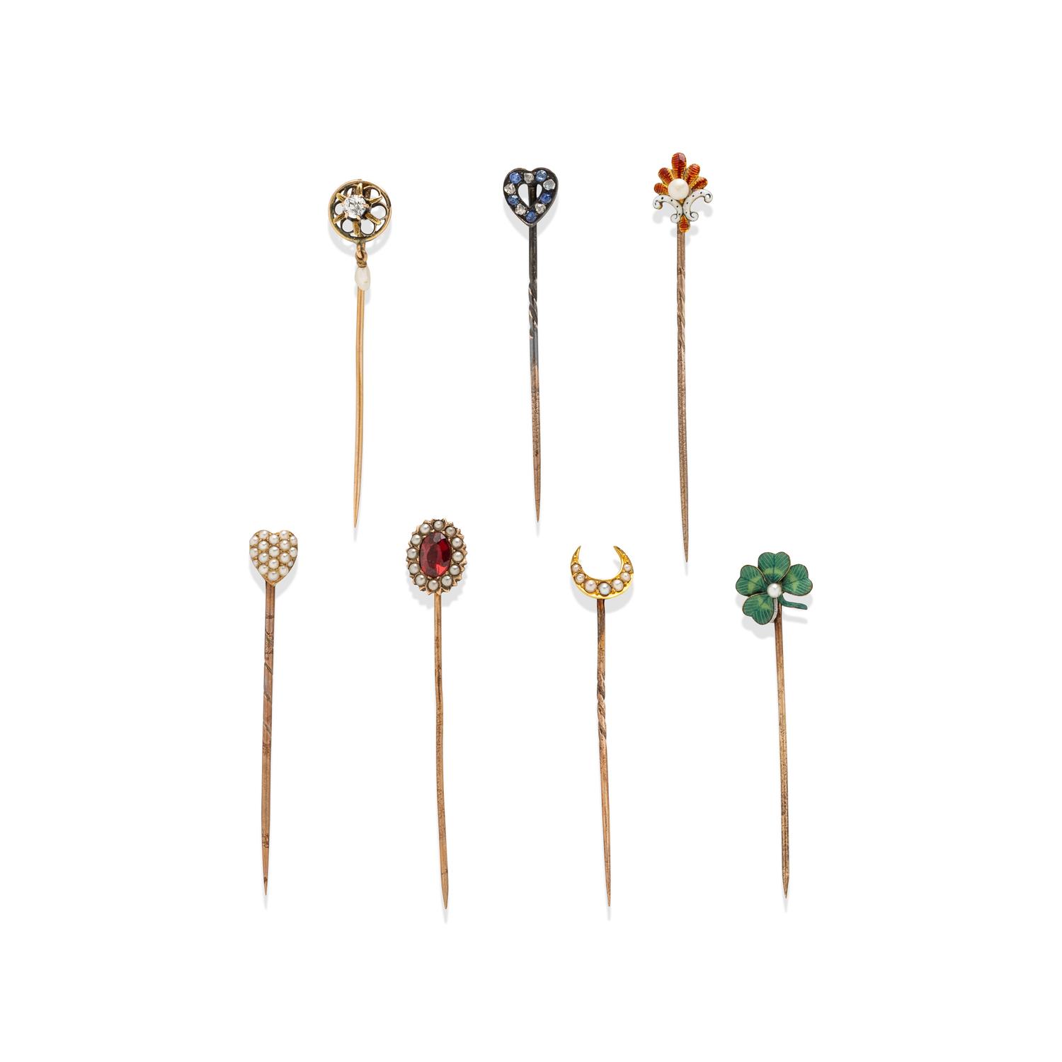 VICTORIAN, COLLECTION OF SEVEN MULTIGEM STICK PINS