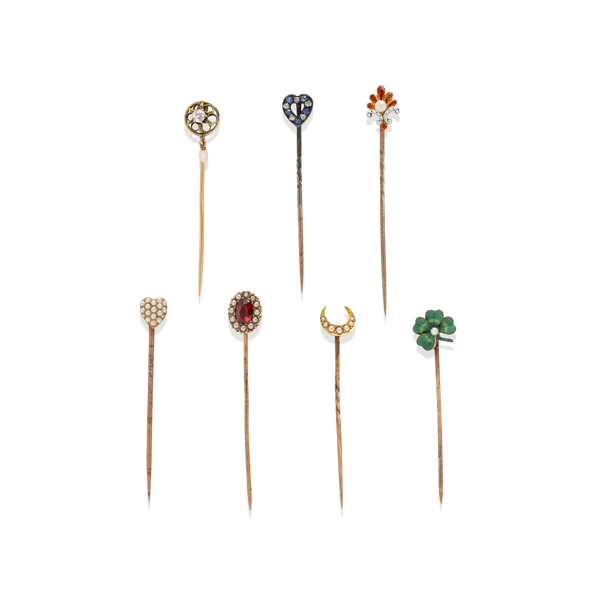 VICTORIAN, COLLECTION OF SEVEN MULTIGEM STICK PINS