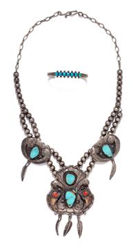 A Silver, Turquoise, Coral and Claw Necklace, Navajo, 88.30 dwts.