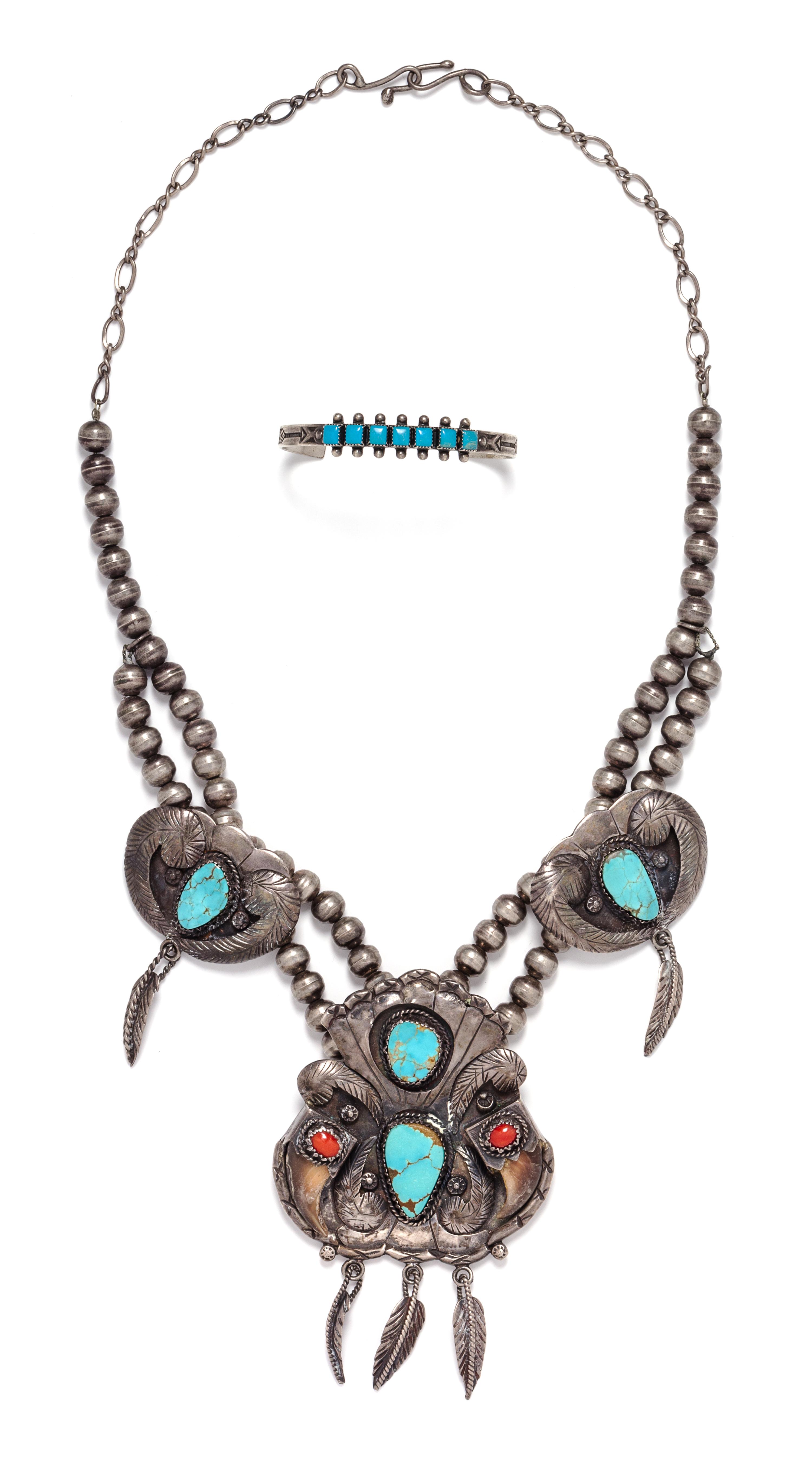 A Silver, Turquoise, Coral and Claw Necklace, Navajo, 88.30 dwts.