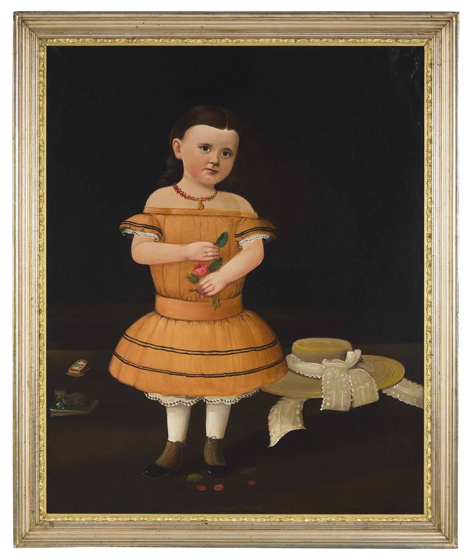 William Matthew Prior (1806-1873), A Girl in Orange with Rose, Straw Hat, and Toy Cat