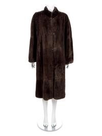 A Long Brown Fur Coat with button and loop closure, 1970's-1980's