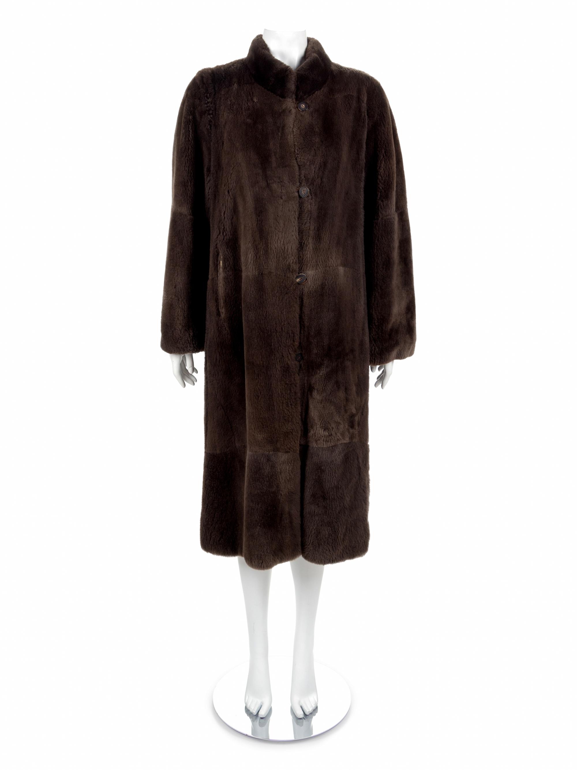 A Long Brown Fur Coat with button and loop closure, 1970's-1980's