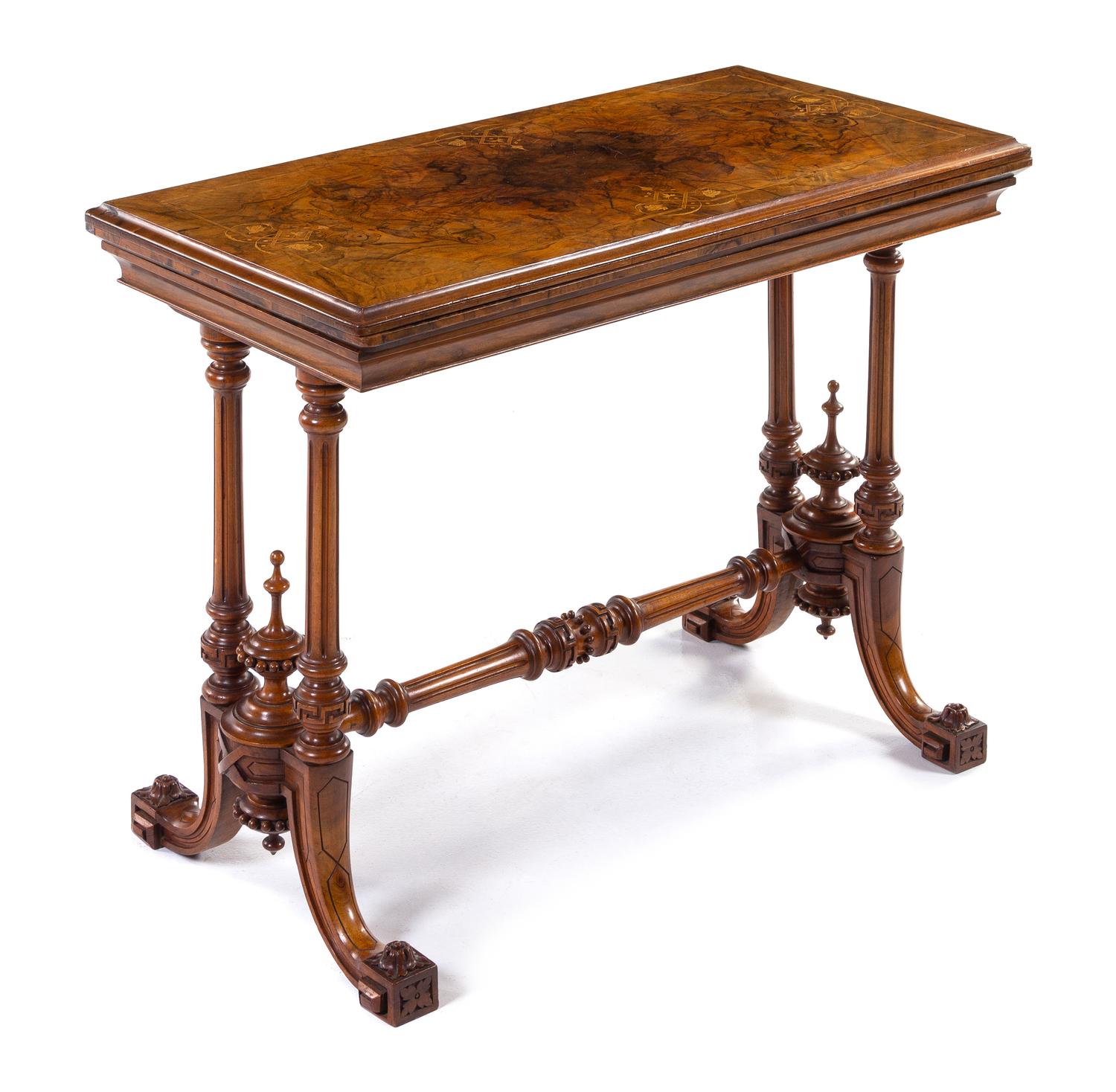 A Victorian Burlwood and Marquetry Game Table Height 28 1/4 x width 38 x depth 18 3/4 inches (closed). — 19TH CENTURY