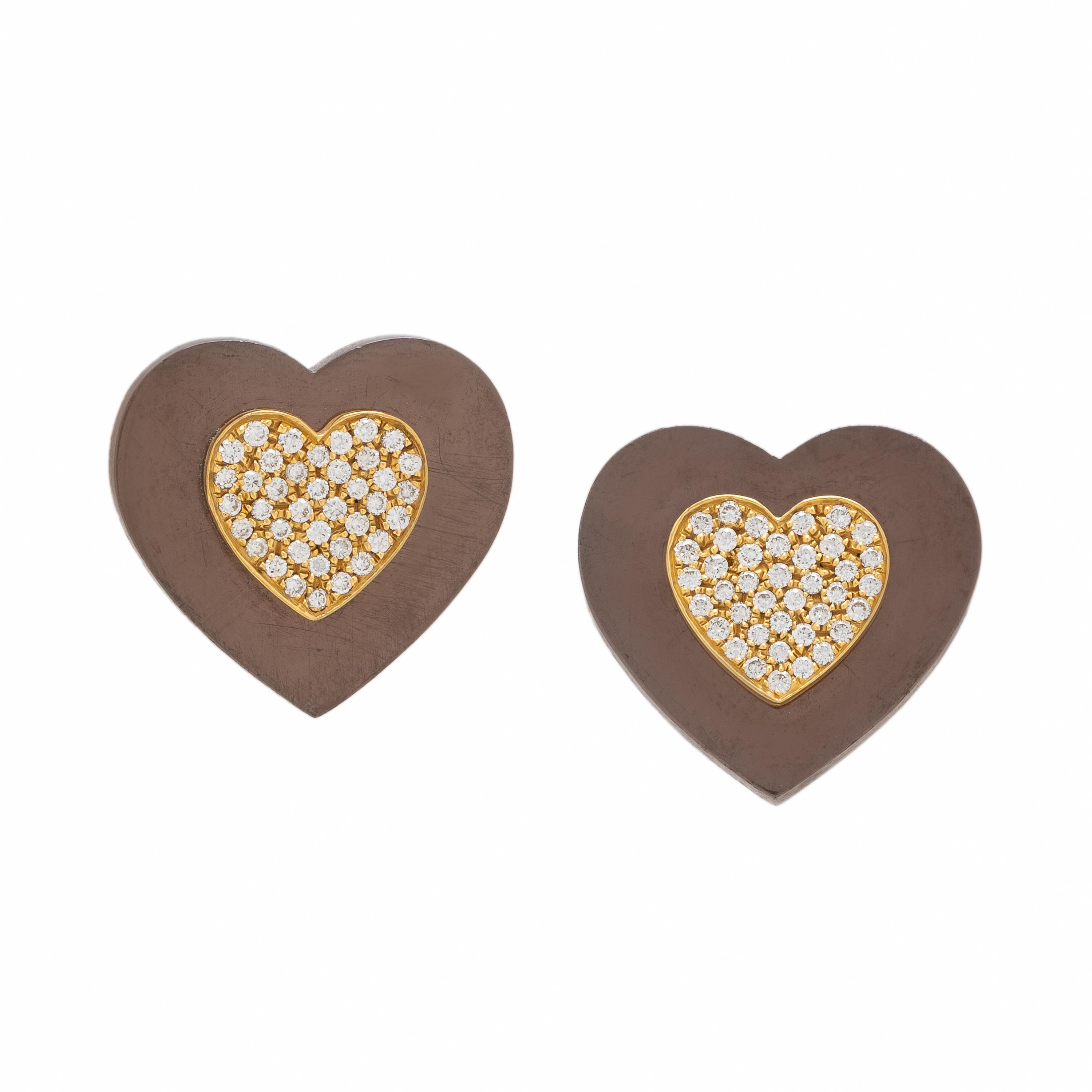 Sabbadini, Sterling Silver, Yellow Gold, and Diamond Heart Earrings
