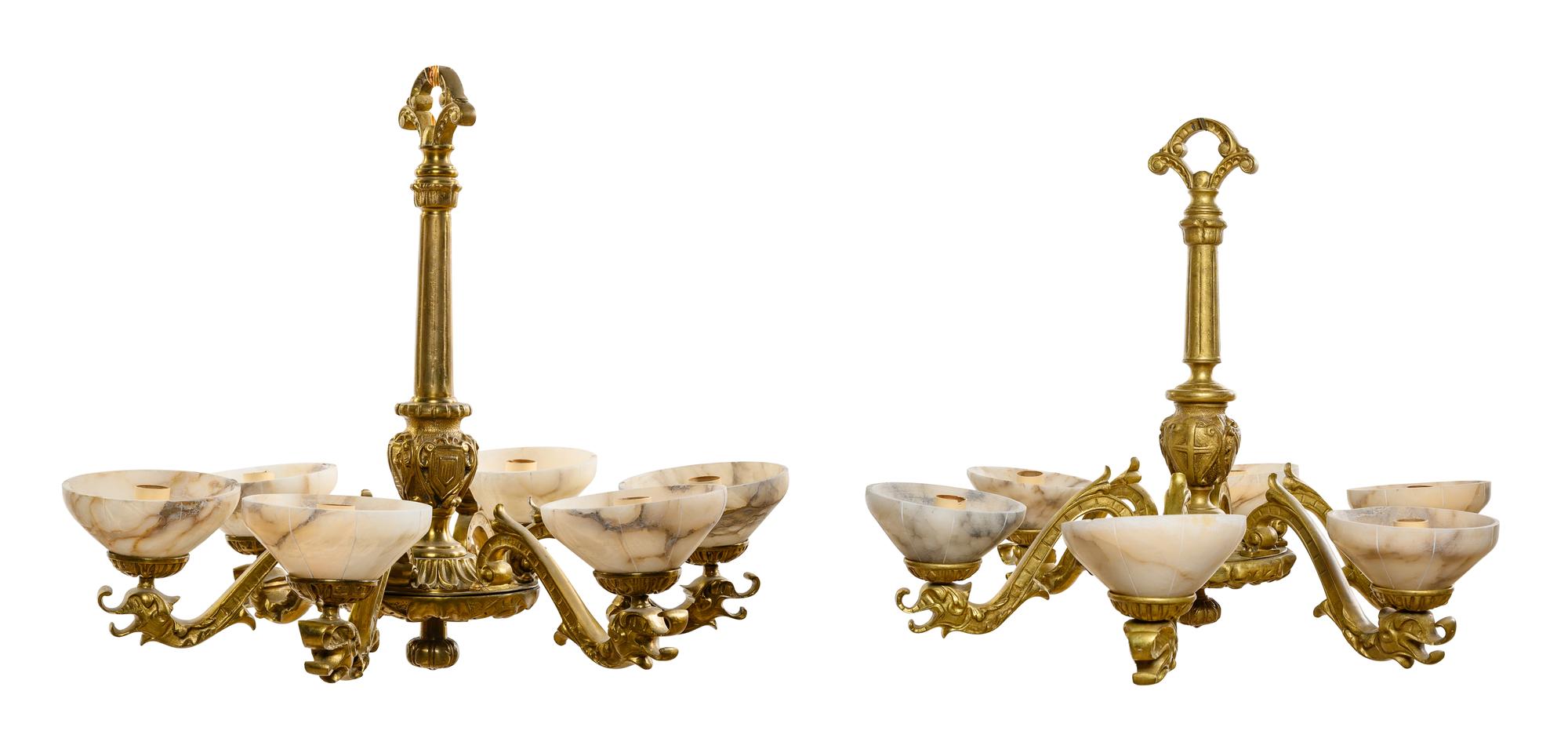 A Pair of Gilt Bronze and Alabaster Six-Light Chandeliers