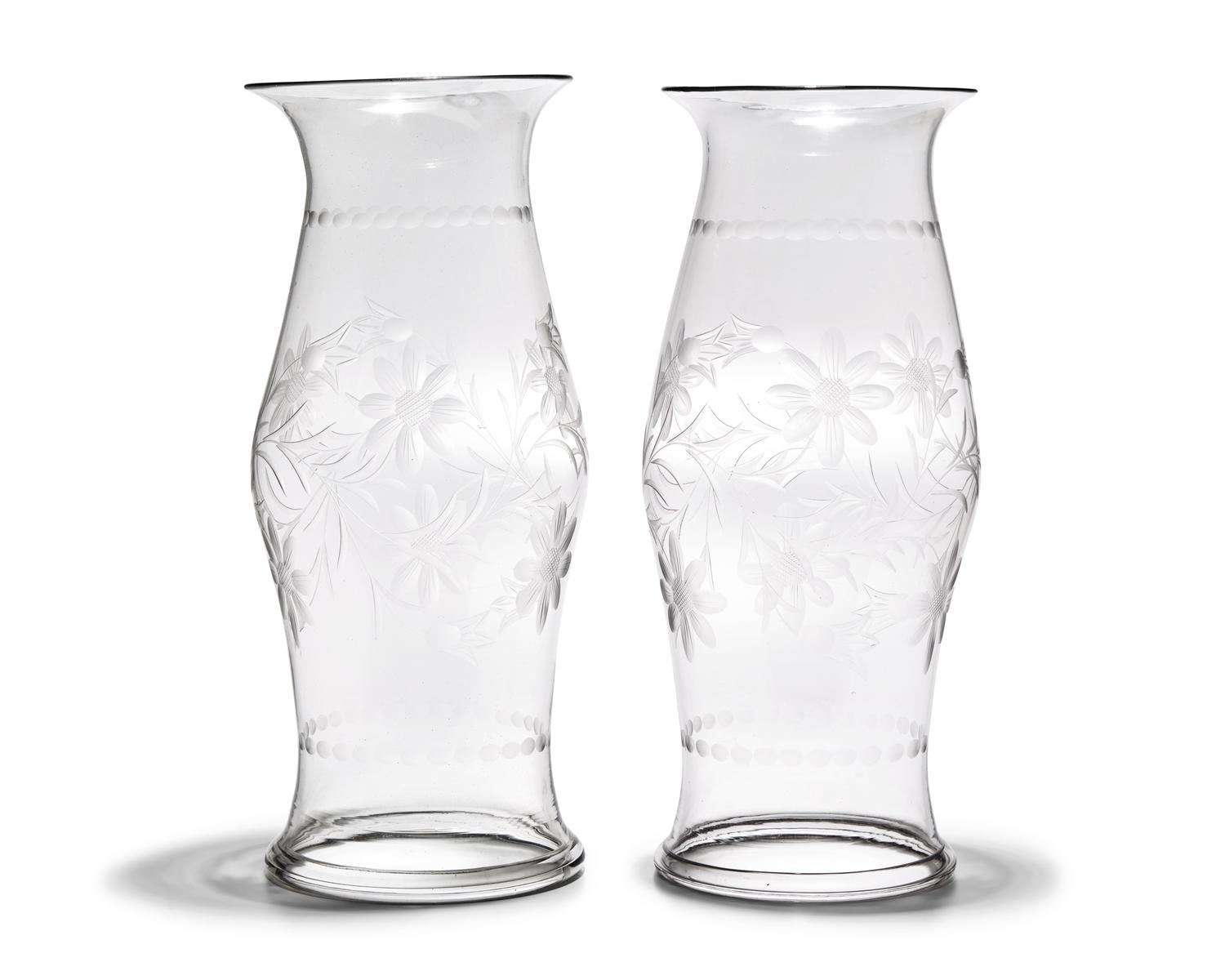 A Pair of Blown and Etched Glass Hurricanes