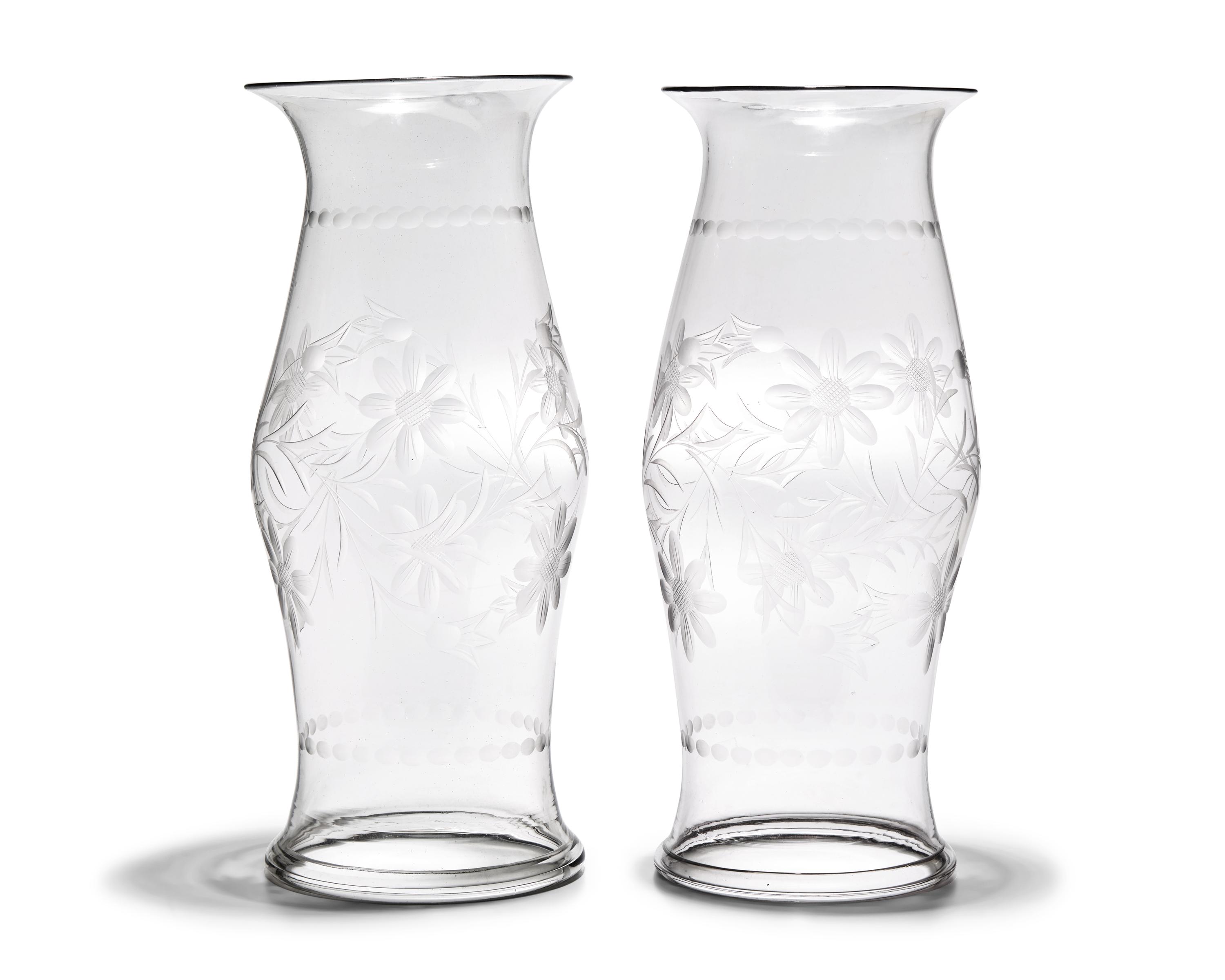 A Pair of Blown and Etched Glass Hurricanes