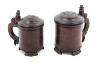 Two Norwegian Carved Peg Tankards Height of taller 8 inches. — 18TH CENTURY