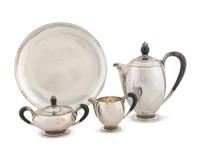 A Danish Silver Three-Piece Tea Set and a Fina Circular Silver Tray — THE TEASET CC HERMANN, DENMARK