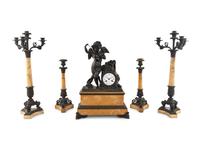 An Assembled French Marble and Bronze Five-Piece Clock Garniture