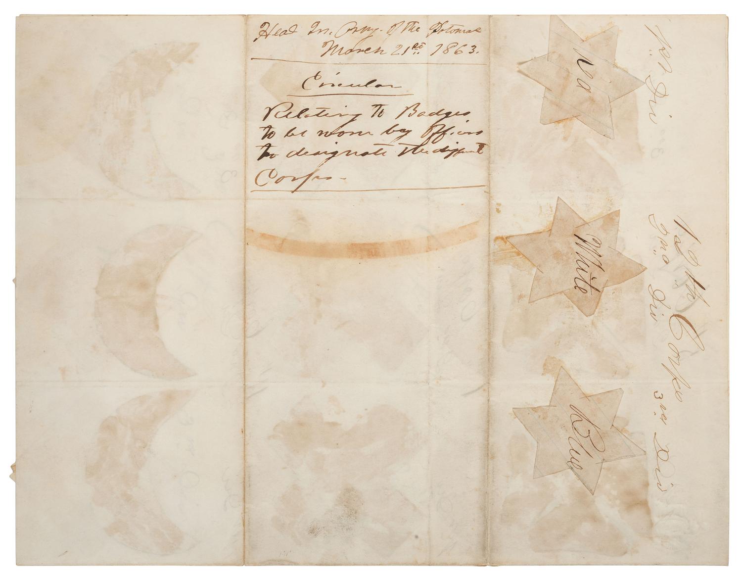 Manuscript circular in which Major General Joseph Hooker orders the use of corps badges in the Army of the Potomac. Headquarters, Army of the Potomac. 21 March 1863.