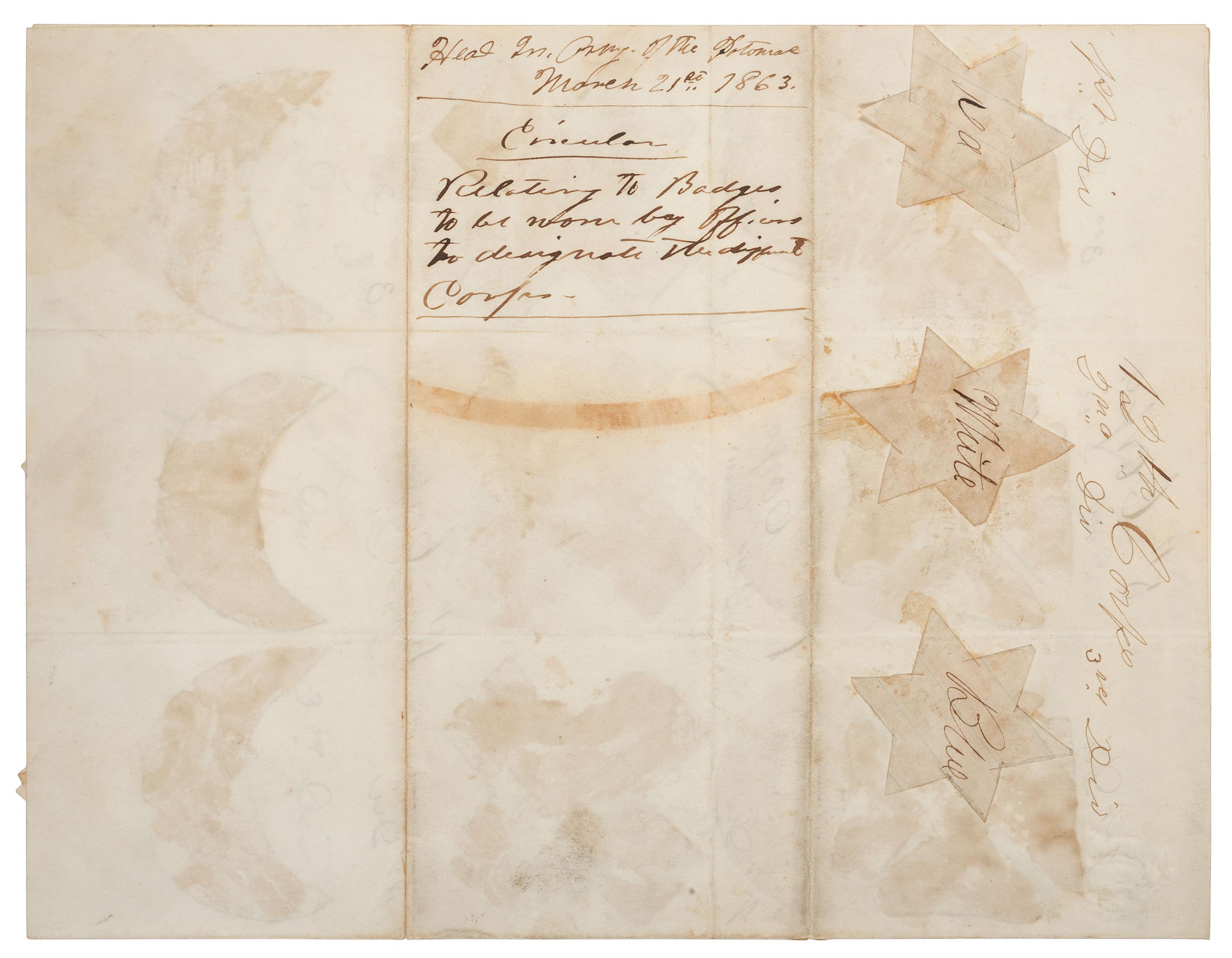 Manuscript circular in which Major General Joseph Hooker orders the use of corps badges in the Army of the Potomac. Headquarters, Army of the Potomac. 21 March 1863.