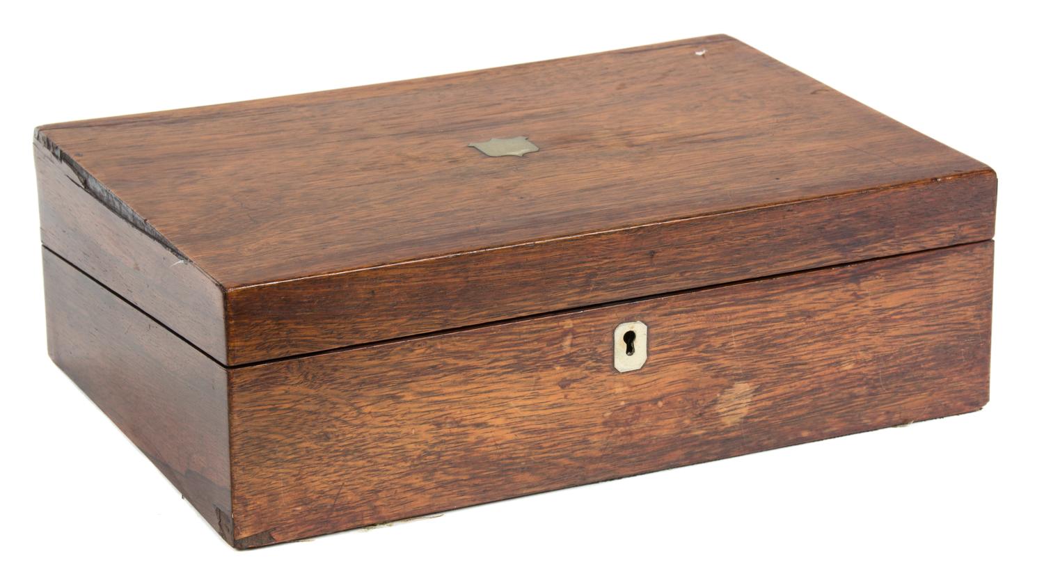 An English Mahogany Writing Box Height 4 1/2 x width 14 x depth 9 3/4 inches.